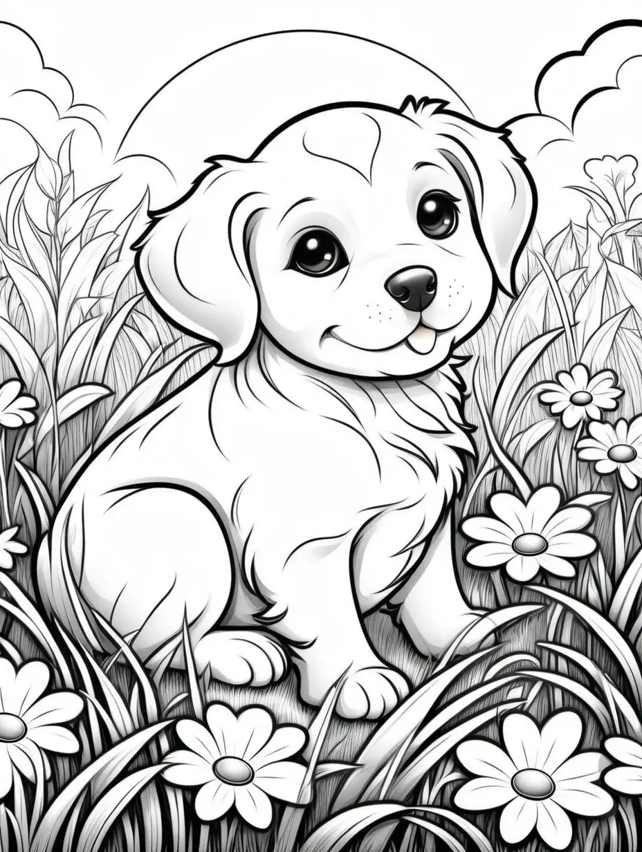 Generate an endearing and easy-to-color black-and-white line art illustration of a cute bul dog puppy, all white with black outline, laying down in a sunlit grassy field for a delightful  colouring page. Picture the puppy in a playful stride, with the sun casting a warm glow across the scene. Craft a lively and simple grassy field background, with swaying grass or blooming flowers. Aim for an overall heartwarming atmosphere that captures the energy and sweetness of the baby animal's laying down . The goal is to provide an exhilarating and accessible coloring experience for kids of various ages. Exclude intricate details, keeping the design charming and lively for a delightful coloring adventure, keep the puppy all white with a black outline for easy colouring 
