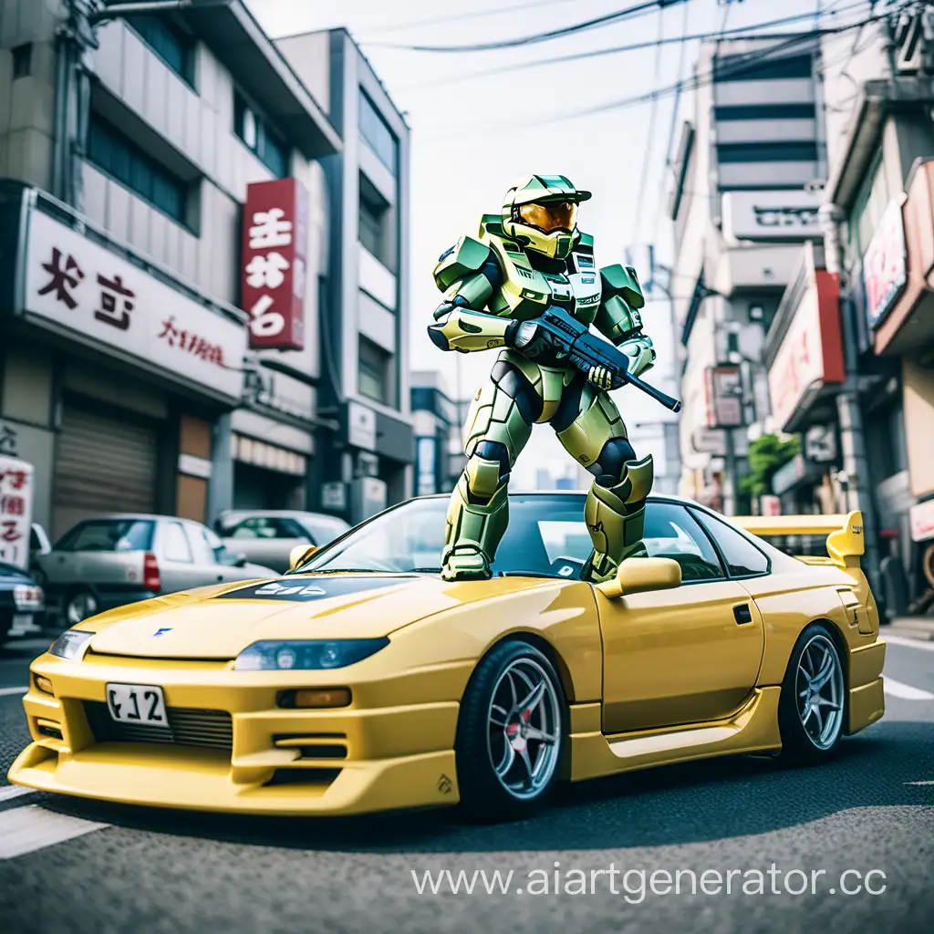 Master chief leans on a drift car in a japaneae city for ps1