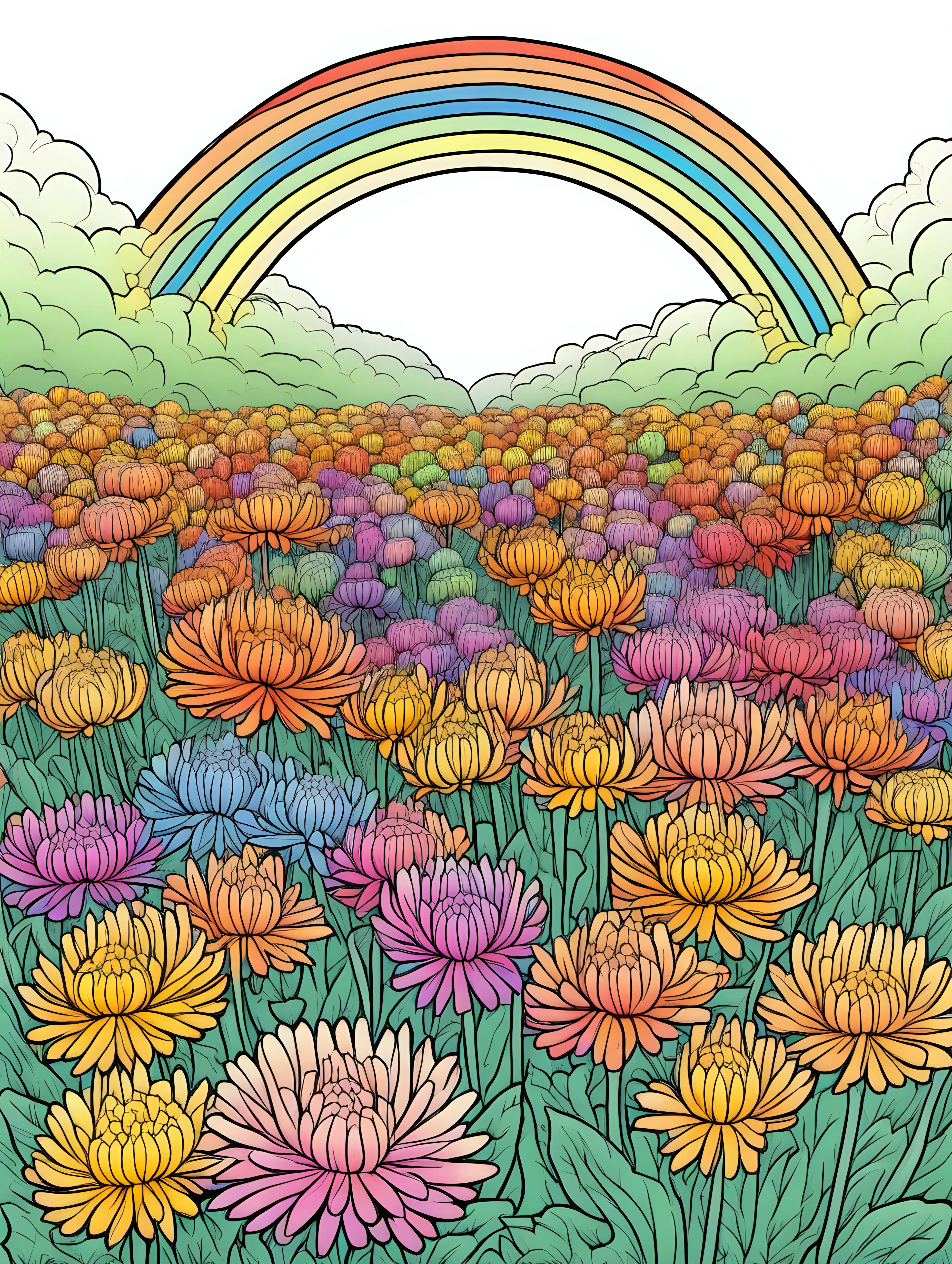 Vibrant Rainbow Chrysanthemums Field Sketch