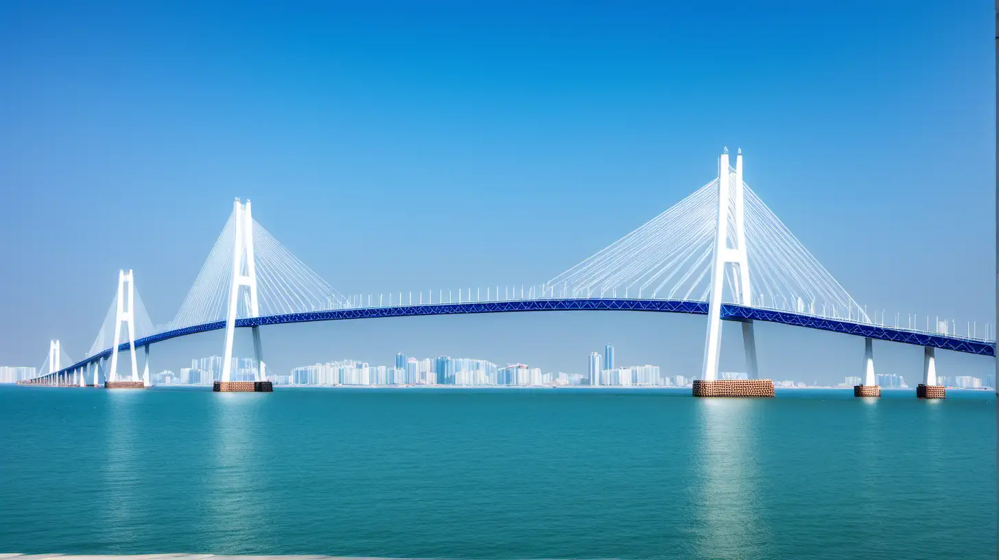 Qingdao Bay Bridge with blue skies and sparkling blue water