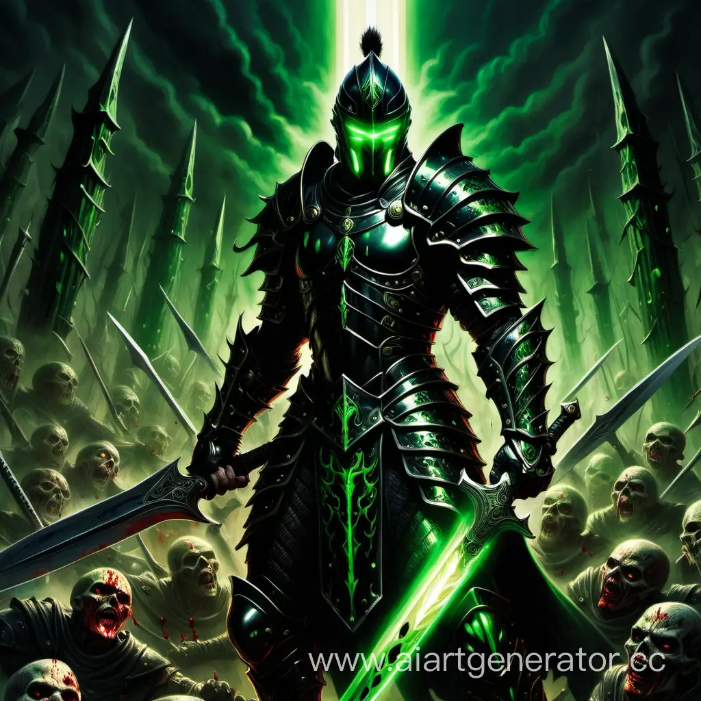 Grim-Warrior-in-Black-Metallic-Armor-with-DualEdged-Blade-Amidst-Fallen-Enemies