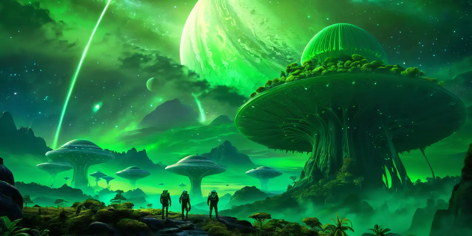 /imagine prompt: Green bioluminescent alien planet landscape view, two giant aliens wearing green space suits, green alien spaceships, diverse explorers in green neo-futuristic spacesuits, gigantic alien trees, enormous mountains, a beautiful sky filled with stars, nearby planets, and a neon green color aurora borealis galactic green sky, green vibrant exotic flora, lush green vegetation, mysterious atmosphere, bio-luminous green alien wildlife, advanced botanical specimens, intricate details, otherworldly landscape, futuristic technology, immersive landscape setting, vibrant green colors, high-resolution digital illustration, dynamic lighting effects, surreal ambiance, realistic, good textures, incoherent colors, only vibrant neon green colors::3 realistic::3 green::3 neon green color::3  --aspect 2:1 