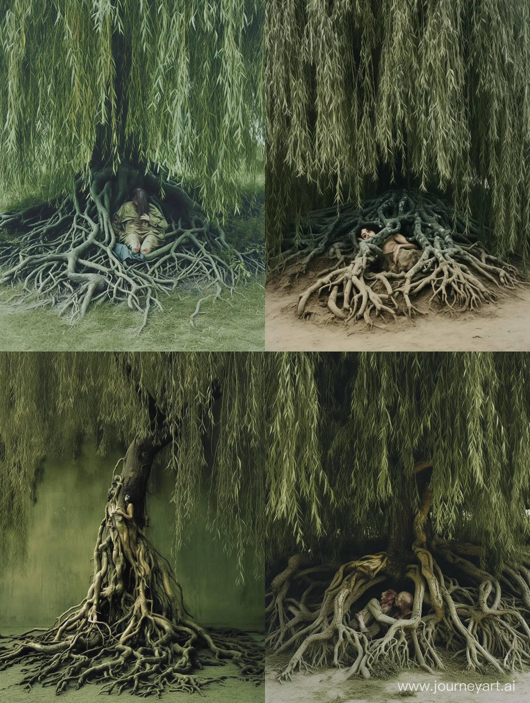 A color photo of a weeping willow tree,
its graceful branches cascading downward,
creating a veil of greenery and melancholy.

Large exposed roots sprawl across the ground,
twisting and intertwining with an eerie beauty.

Within the tangled roots, two decaying bodies,
a man and a woman, locked in a loving embrace,
their earthly form slowly returning to the earth.

The tree stands as a solemn witness,
a guardian of their eternal bond,
as nature reclaims their mortal remains.

The weeping willow's leaves flutter in the breeze,
as if shedding tearful whispers for the departed,
creating an atmosphere of sorrow and contemplation.

This haunting image captures the fragility of life,
the ephemeral nature of love,
and the inevitable embrace of decay.

Unlikely collaborators:
Tim Burton, the filmmaker known for his dark and whimsical aesthetics,
Francesca Woodman, the photographer exploring themes of death and self-expression,
Thom Yorke, the musician evoking emotions through haunting melodies,
Rick Owens, the fashion designer blending darkness and romanticism,
Guillermo del Toro, the visionary storyteller delving into the realms of fantasy and horror. 