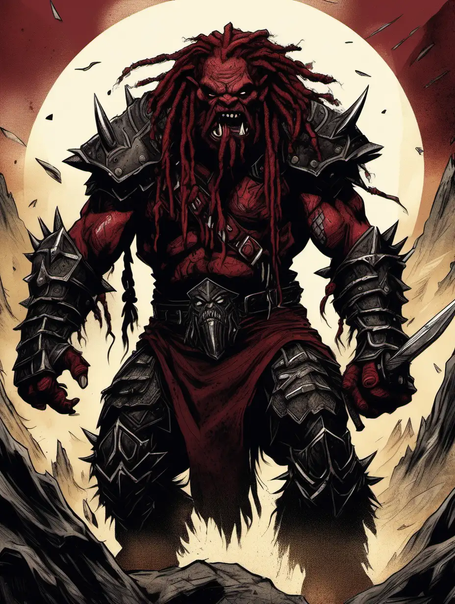 An image of a savage dark red huge ugly orc in heavy black armour with dreadlocks roaring, in a drawn Tolkien movie style 