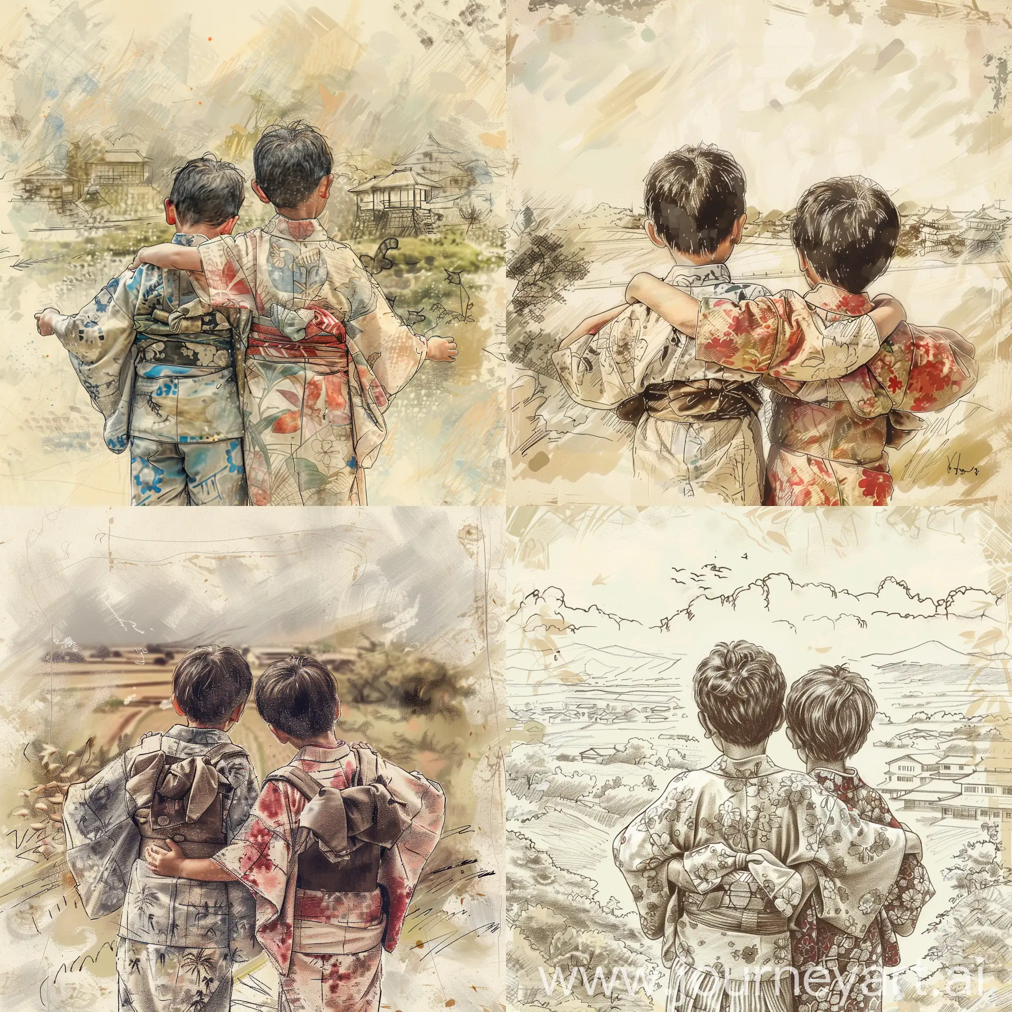Two boy friends in old kimonos Japanese children look back with their arms around each other's shoulders. Japan has a rich tradition of storytelling and whimsical. Create a collaborative story that incorporates elements of these artistic styles. A turbulent past and the tenacious spirit of the Japanese people, preschool kids drawing, naive and unstrained touch of pencil scribbled, hand drawn, scrawled blur of Japanese countryside in the background. bird's eye view