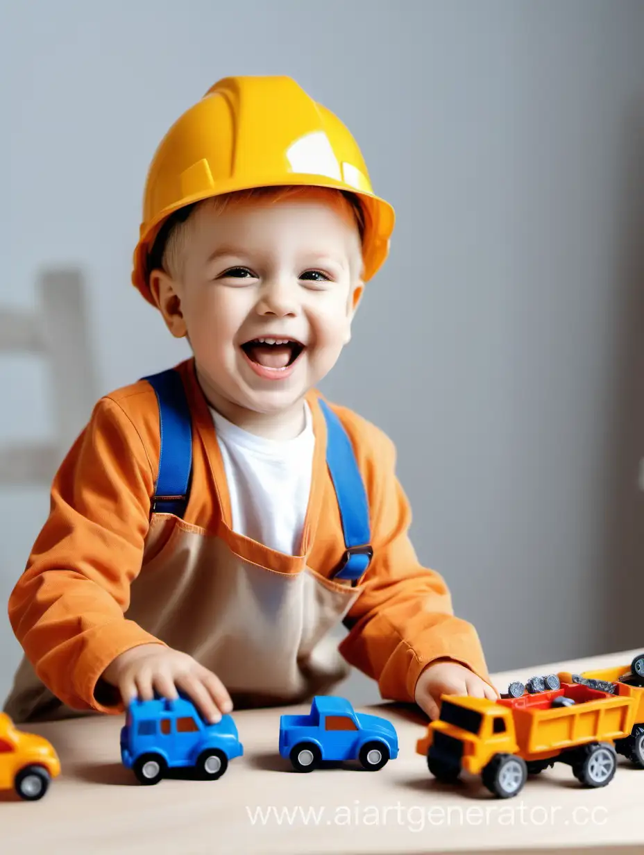 happy little boy in a builder's costume playing with cars at the table
