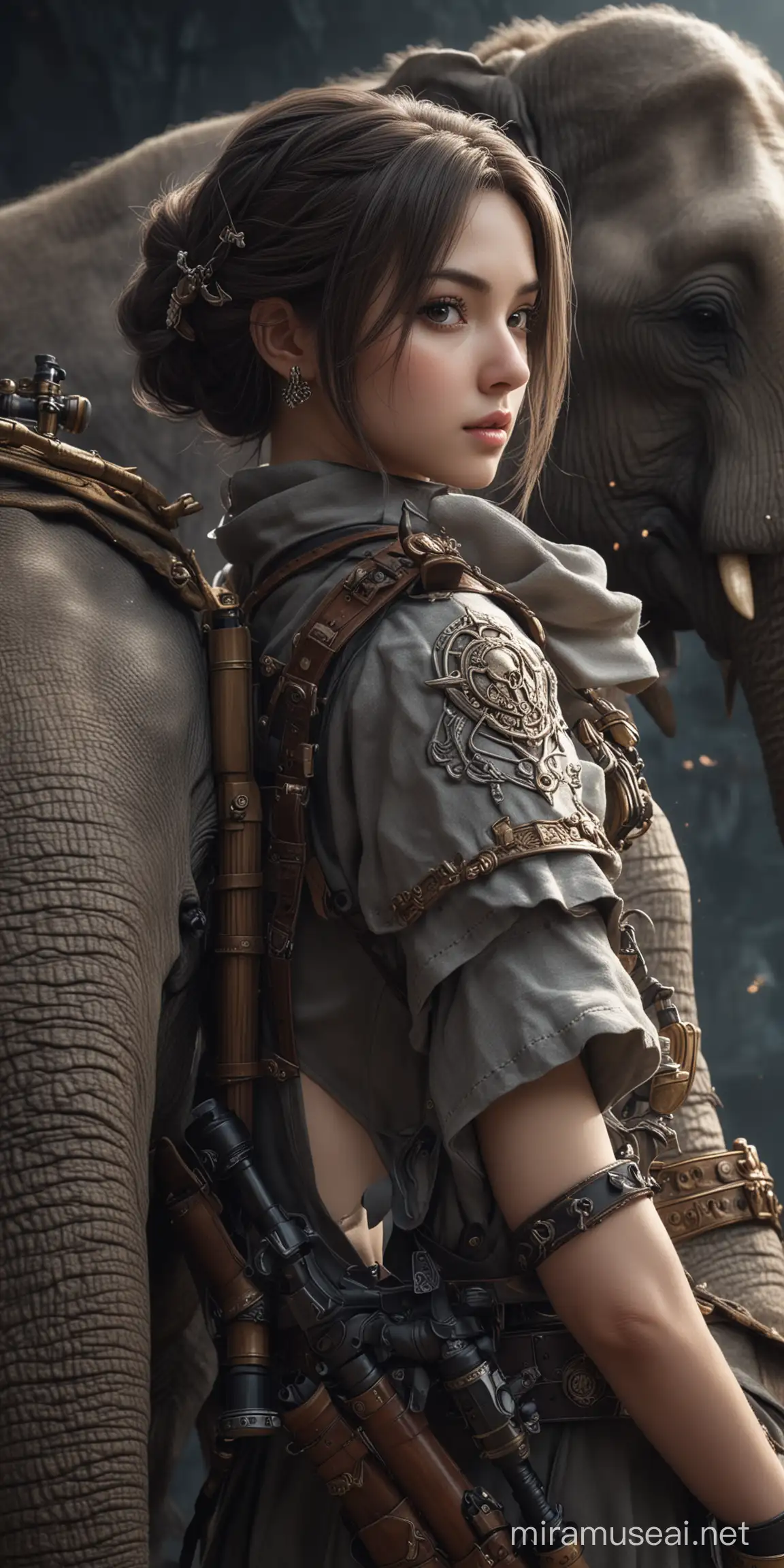 Realistic Beautiful Idol Girl with Elephant Element Sniper in Fantasy Isekai Setting