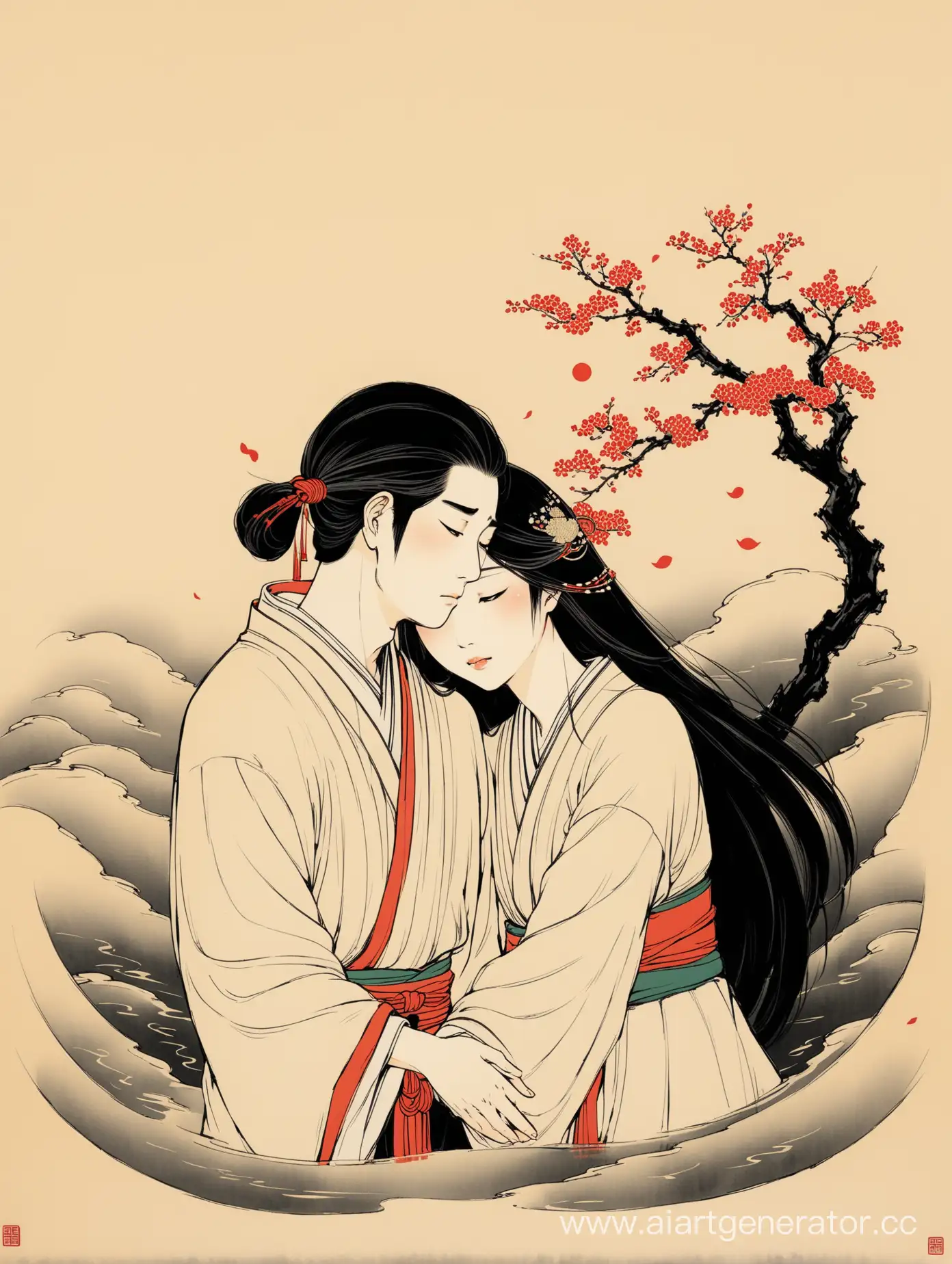 Melancholic-Asian-Lovers-Embraced-in-Traditional-Oriental-Painting-Style