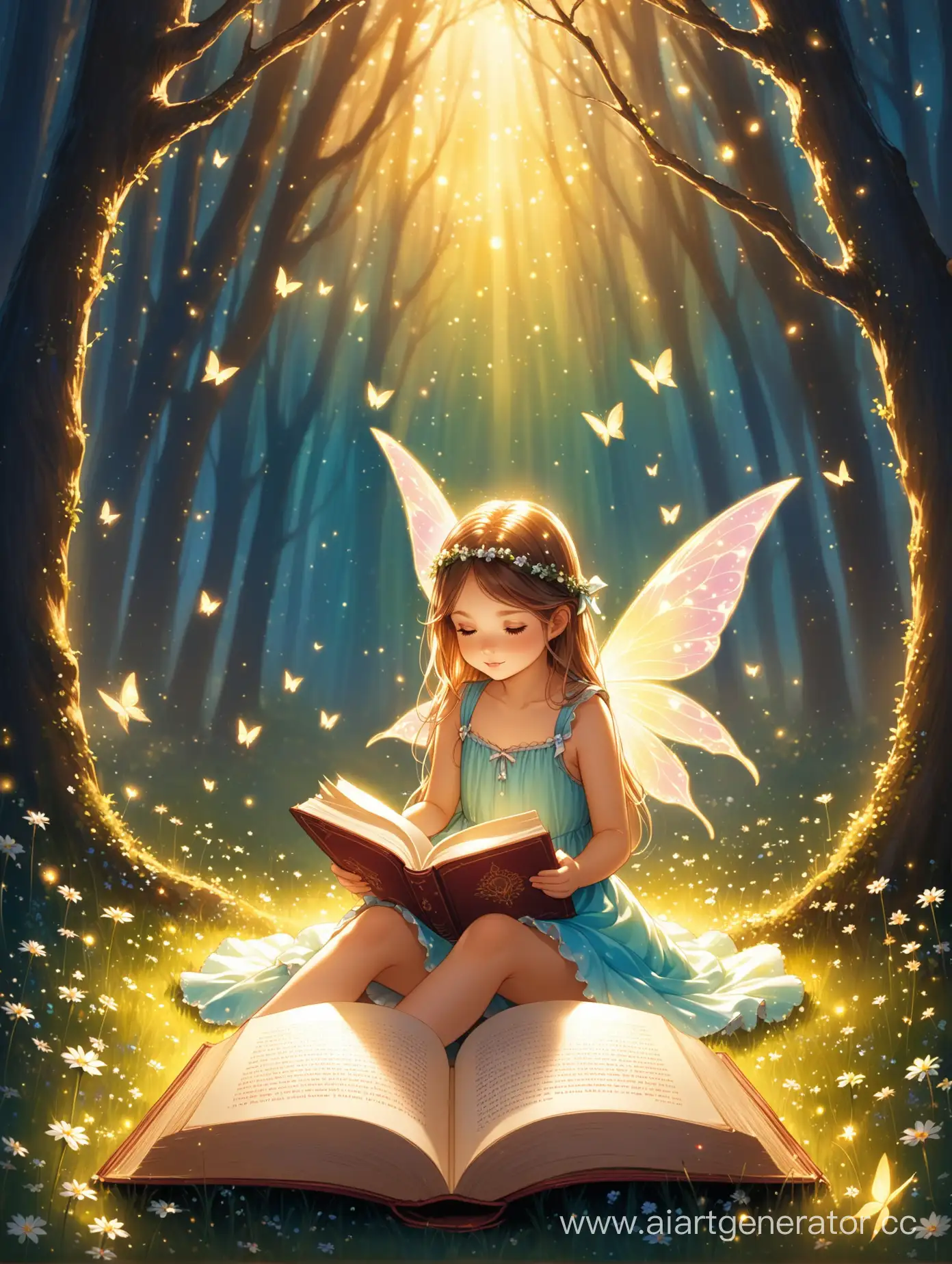 сидит маленькая девочка, спиной к нам, с открытой книгой, а из книги выходит целый мир сказок и волшебства