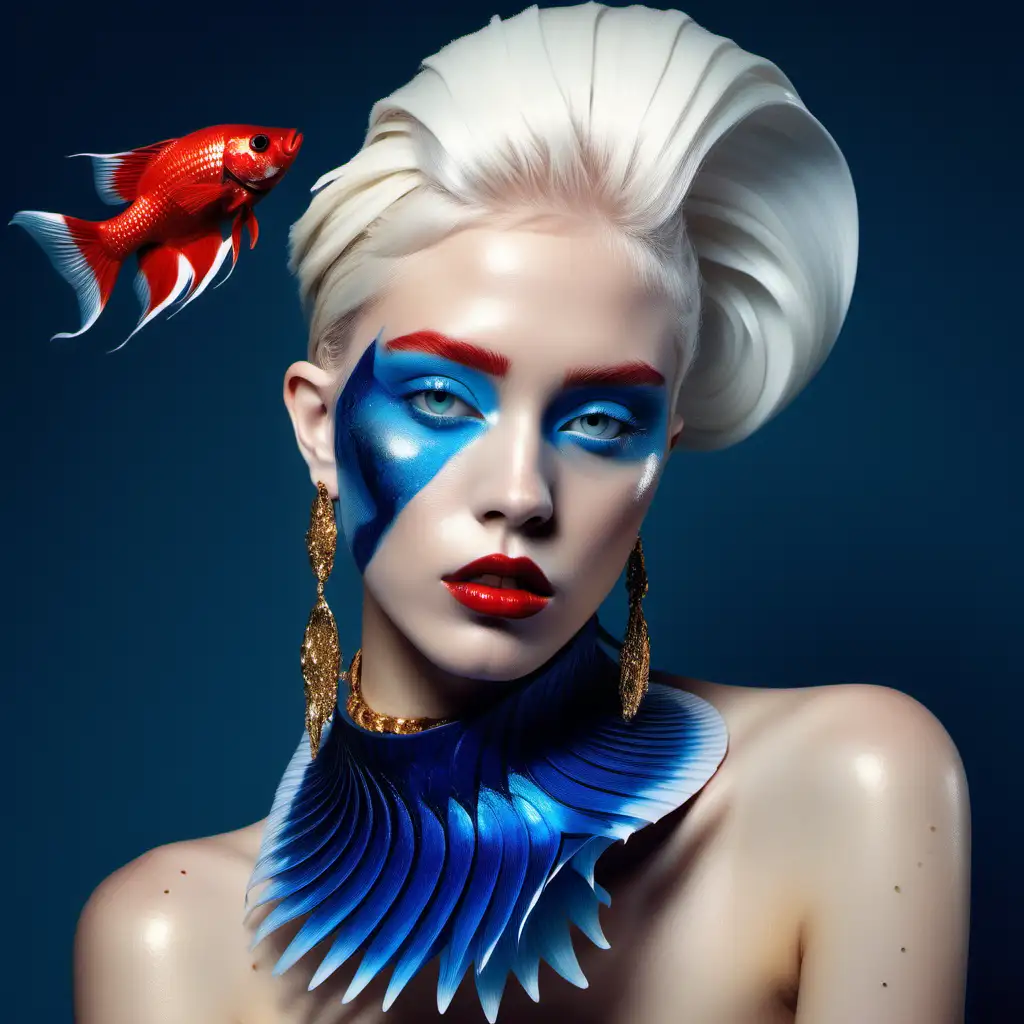 a model with white hair, freckles, bright blue eye shadows and graphic make up, wearing chunky jewelry made of gold, with  a red crown tail betta fish floating next to her face, partially covering her face with the beautiful tail , vogue style editorial photoshoot, creative vision, hyper realistic rendering