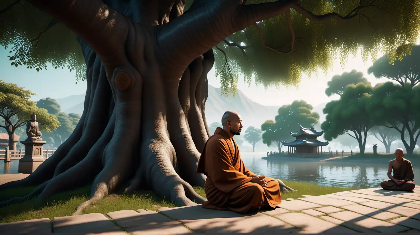 Serene Disciple Seeking Wisdom from Elder Monk Beneath Tree