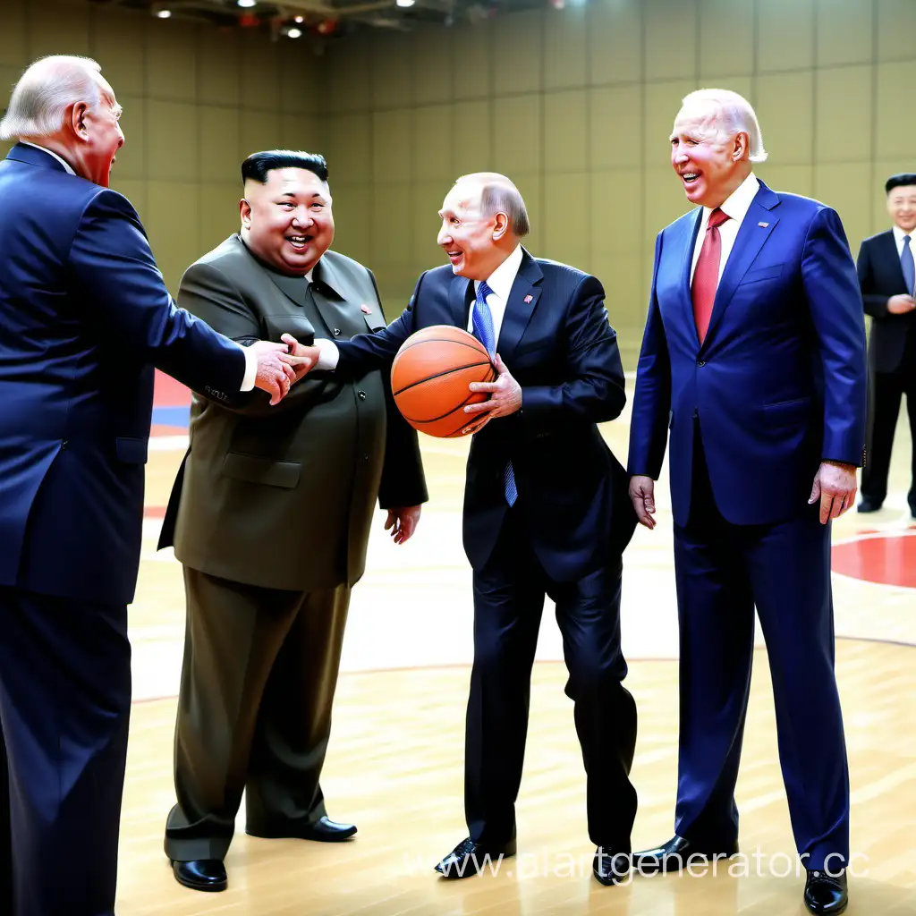 Путин, Байден и Эрдоган играют в баскетбол, а над ними смеётся Ким Чен Ин в обнимку с ядерной боеголовкой
