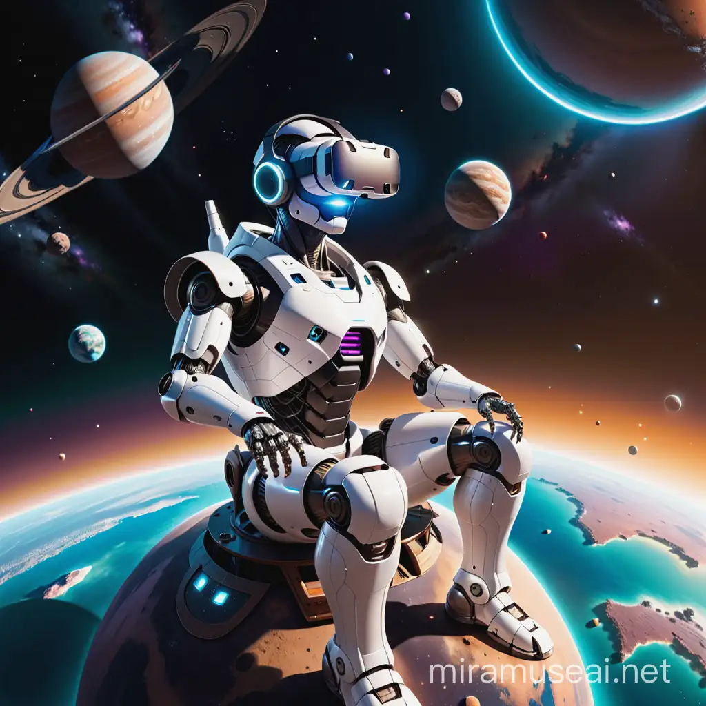 A huge robot wearing vr headset sitting on a small planet in space
