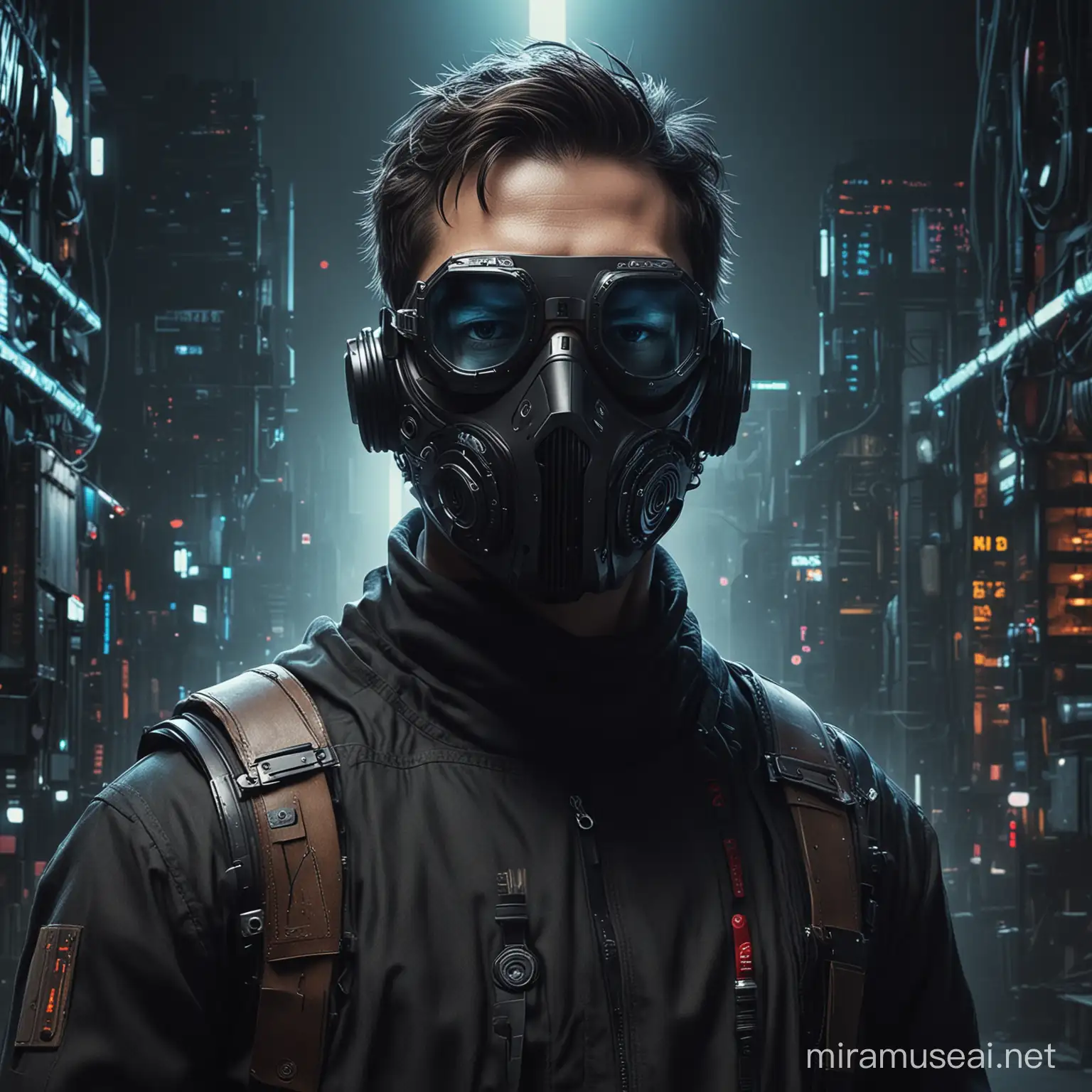 Imagine a movie poster based on the portraying of A Craftsman in creating digital music is transitioning to a master Craftsman music abilities. THe craftsman black and is wearing futuristic clothes, he has on an advanced cyberpunk respiratory mask covering his mouth and an advanced eye protection covering his eyes. 