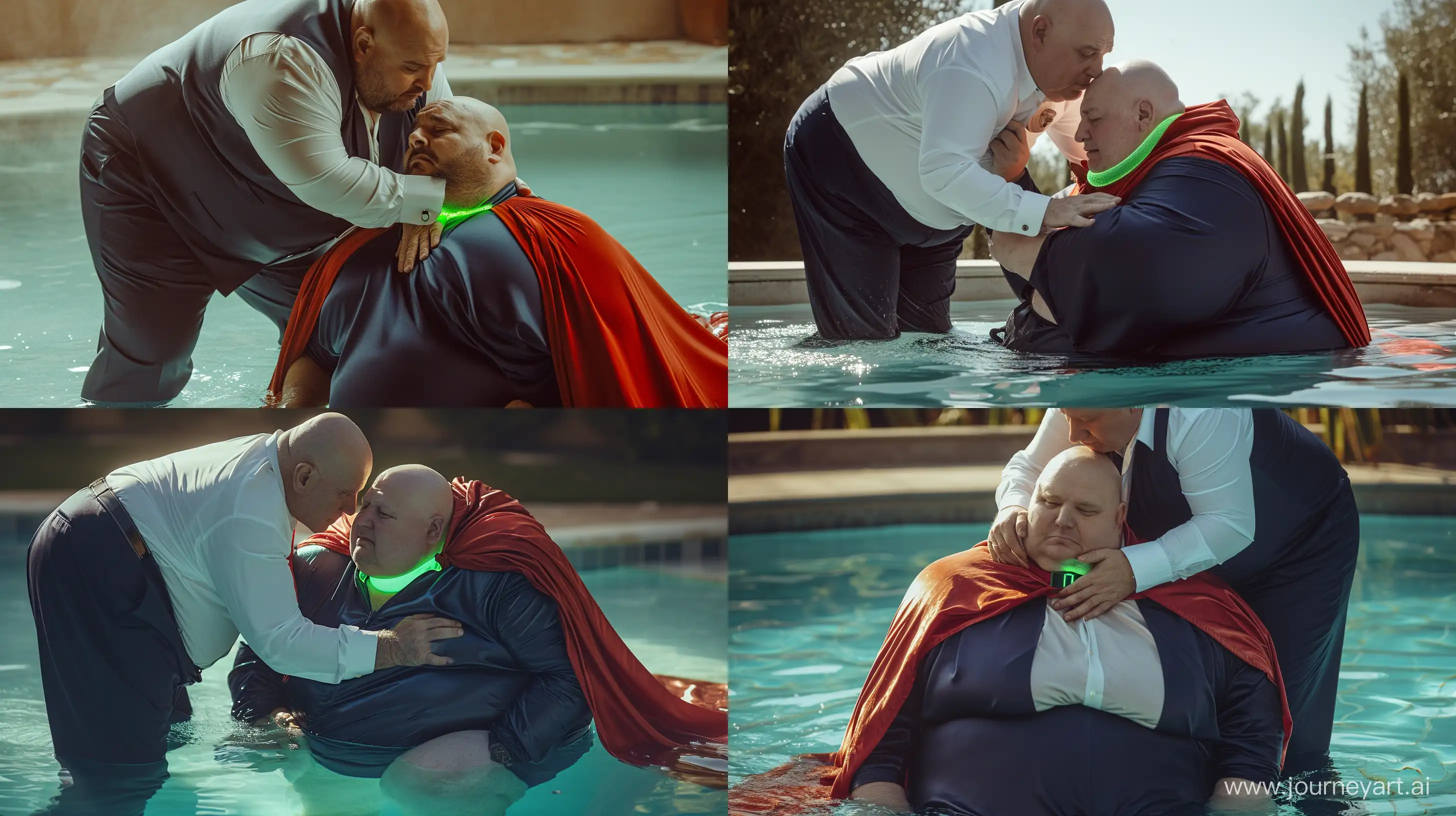 A closeup photo of a chubby man aged 60 silky navy business pants and a white shirt, bending behind hugging and tightening a green glowing small short dog collar on the nape of another chubby man aged 60 sitting in the water and wearing a silky navy tracksuit with a large red cape. Swimming Pool. Natural Light. Bald. Clean Shaven. --style raw --ar 16:9 --v 6