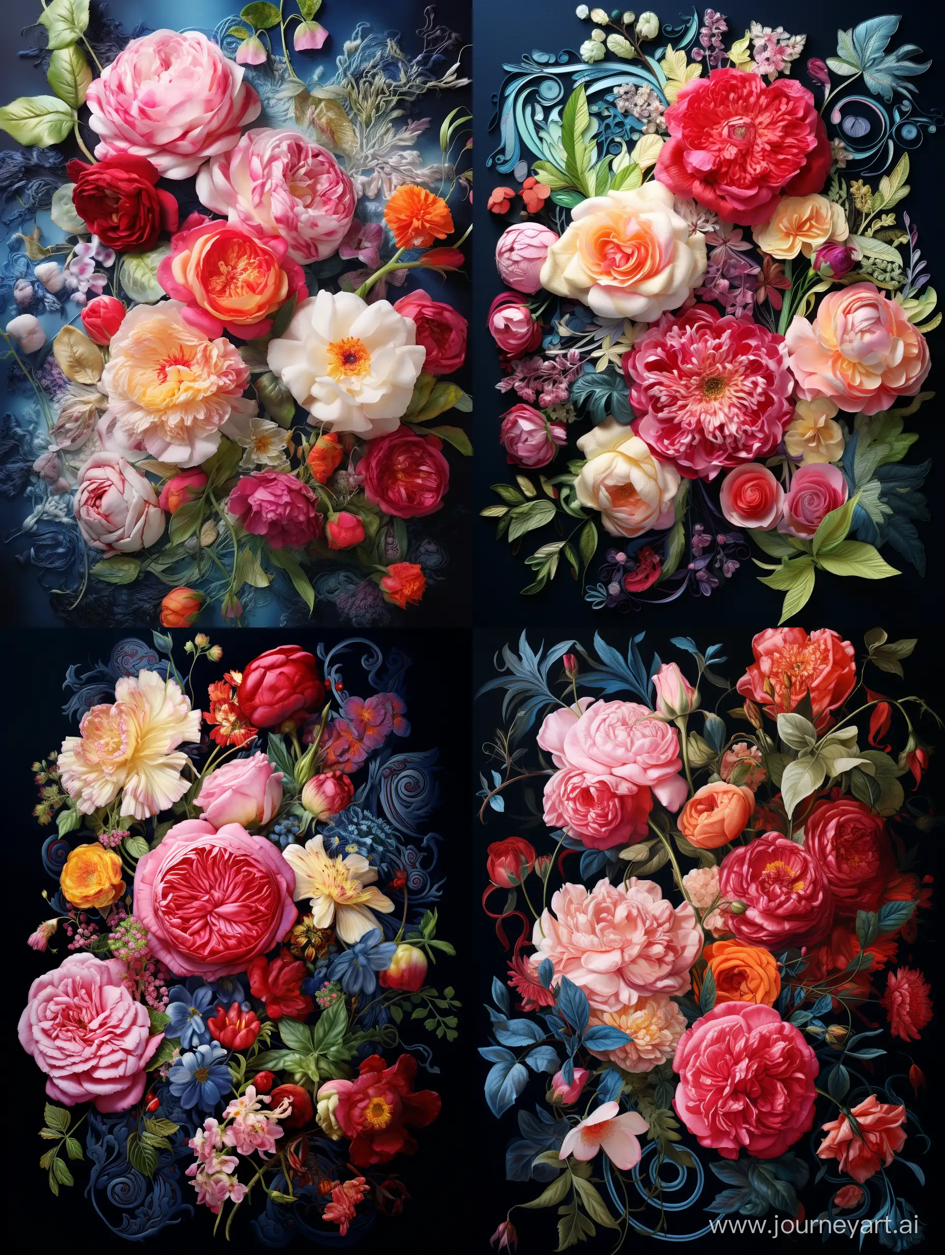 a painting of peonies and roses flowers floating in mid-air on white background, in the style of Tadanori Yokoo. baroque ornate and dramatic compositions, vibrant color schemes, embroidery, caravaggesque chiaroscuro, detailed botanicals, dark blue and red and green, ornate embroidery, Tattoo design 