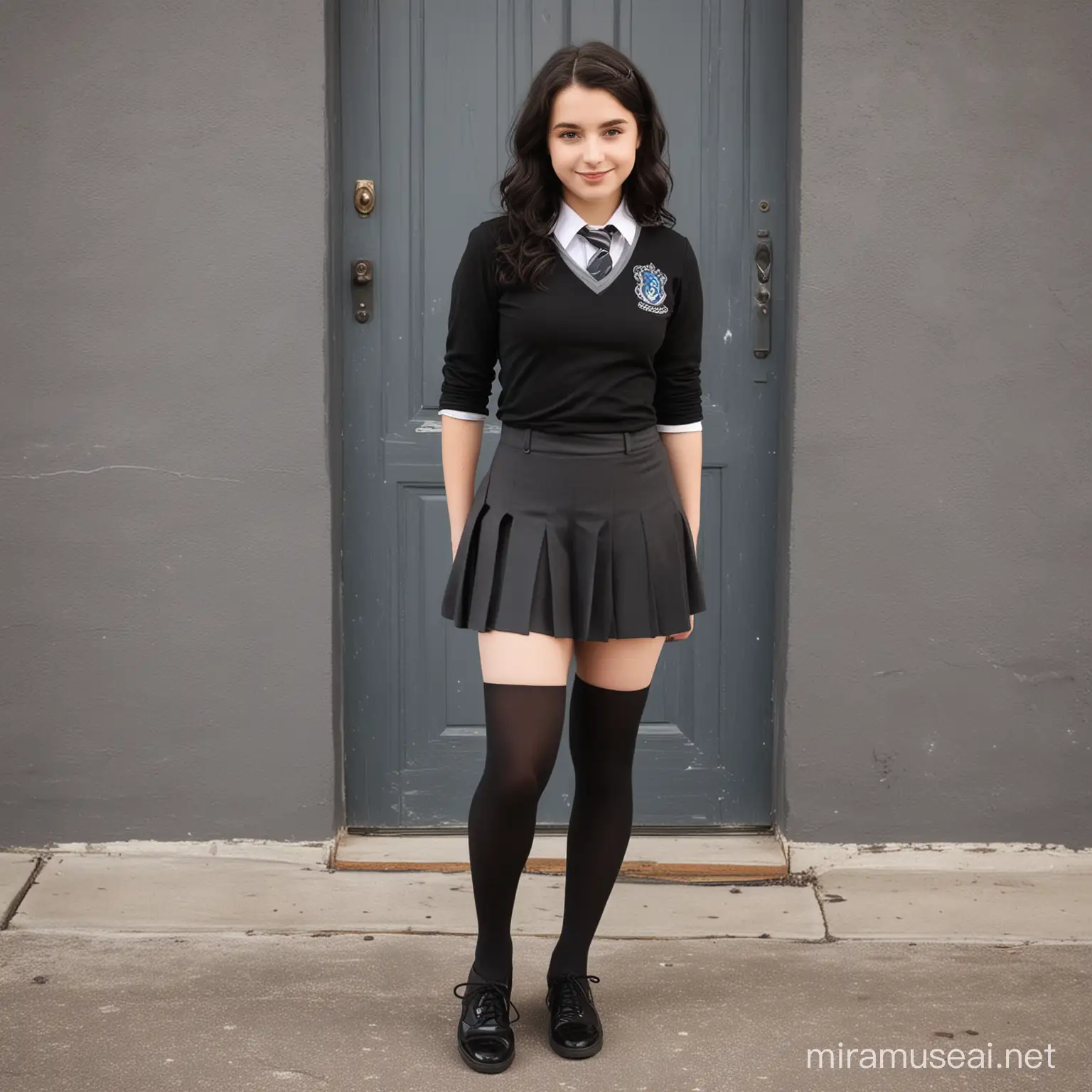 14 year old white girl with wavy mid length black hair, wearing hogwarts uniform girl ravenclaw, short grey shirt, black tights pantyhose, black shoes