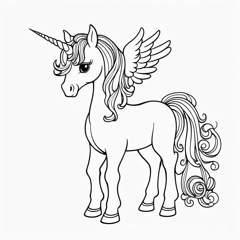 Full body baby ethereal nature unicorn , Coloring Page, black and white, line art, white background, Simplicity, Ample White Space. The background of the coloring page is plain white to make it easy for young children to color within the lines. The outlines of all the subjects are easy to distinguish, making it simple for kids to color without too much difficulty