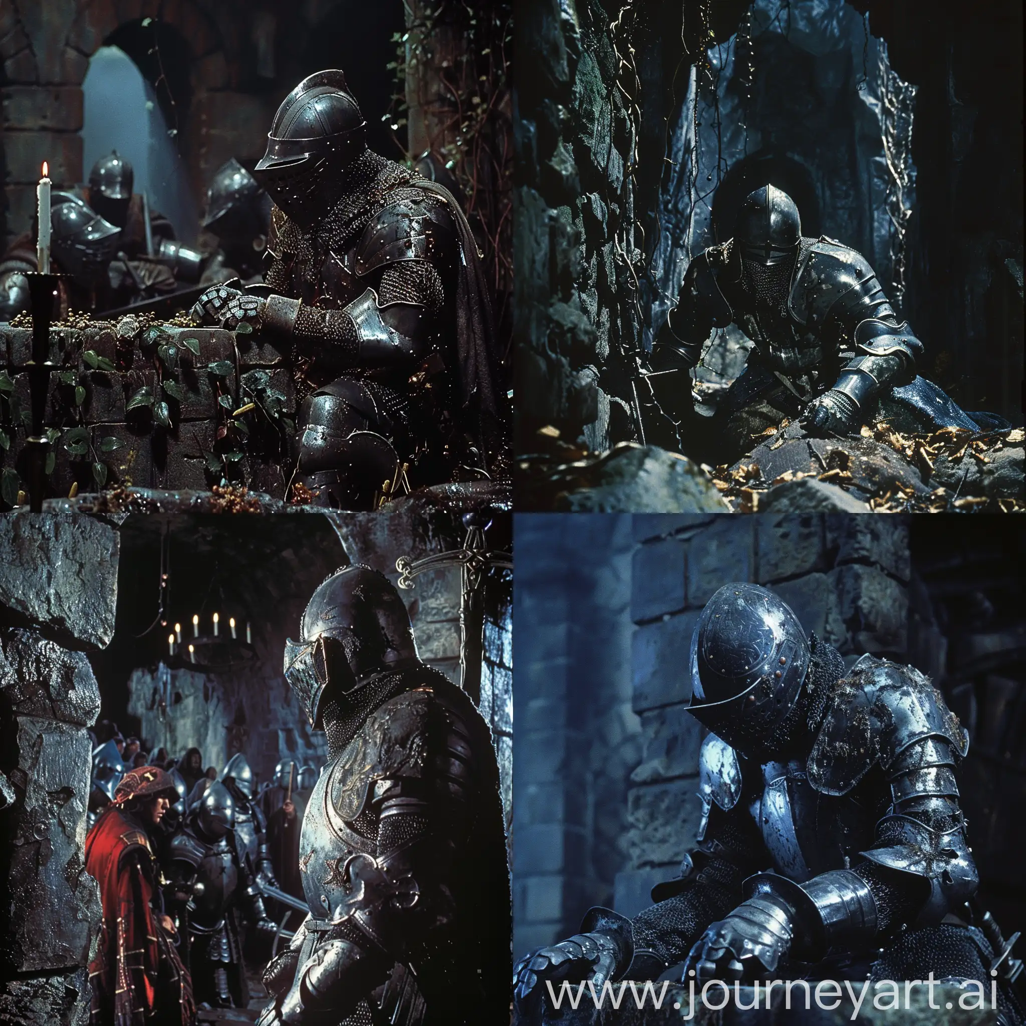 Escena cinematográfica de una película de la década de 1980s donde se observa a un caballero con armadura, en un ambiente de fantasía oscura