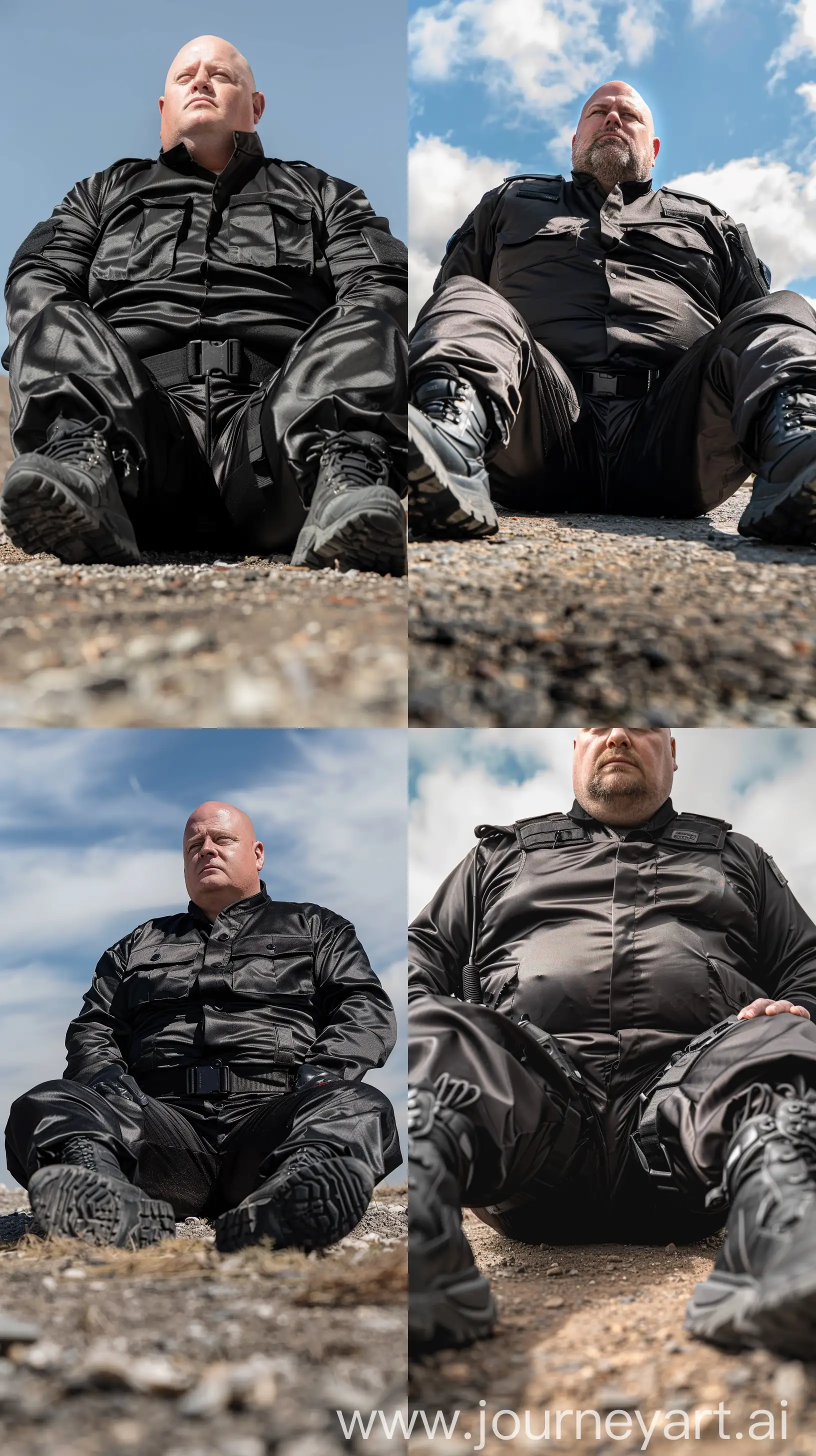Close-up front view photo centered on the chest of a fat man aged 60 wearing a silk black security guard skinny-fitted full coverall tucked in black tactical hiking boots. Black tactical belt. Sitting on the ground legs straight looking at the sky. Bald. Clean Shaven. Natural light. --style raw --ar 9:16