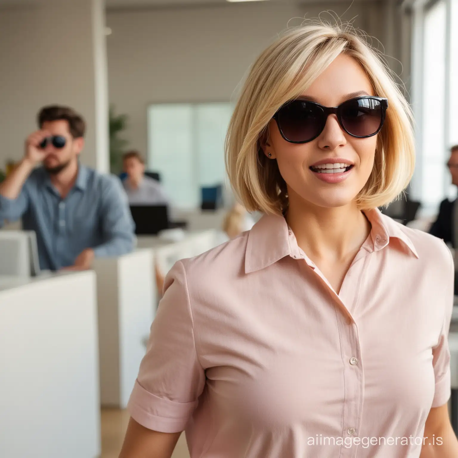 famous blonde woman with a bob cut and sunglasses rushing out the office being photographed by paparazzi  and hiding so she is not photographed 