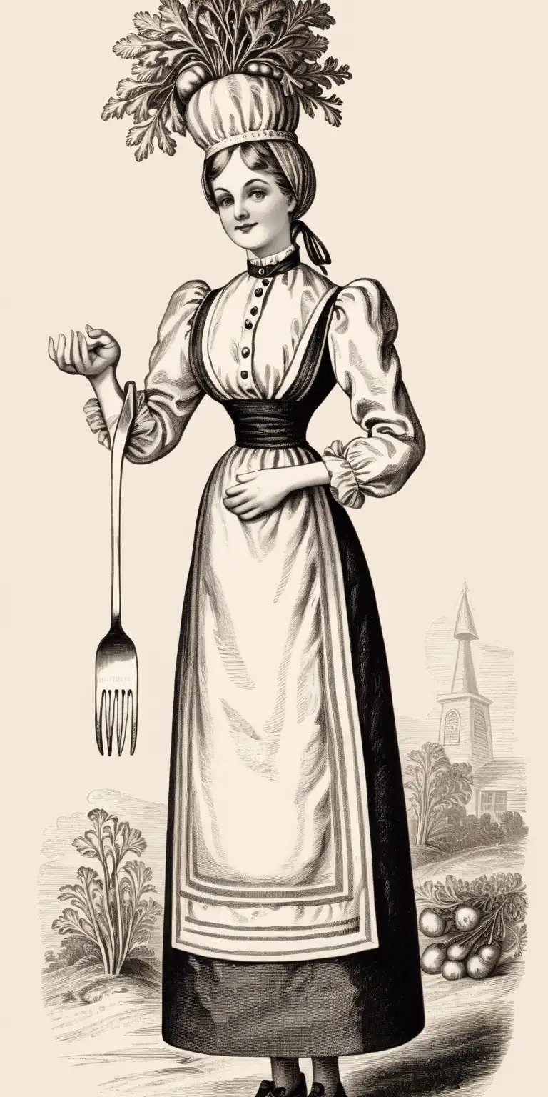 Victorian Woman Cooking with Carrot Head Vintage Illustration