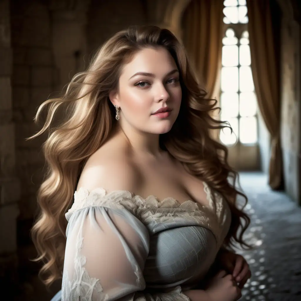 beautiful, sensual, classy elegant light brown hair plus size model portrait, slight smile, soft light from left,  long hair is flowing as in the wind, photoshoot inside a winter castle in France, inside the rooms in the castle, antique background