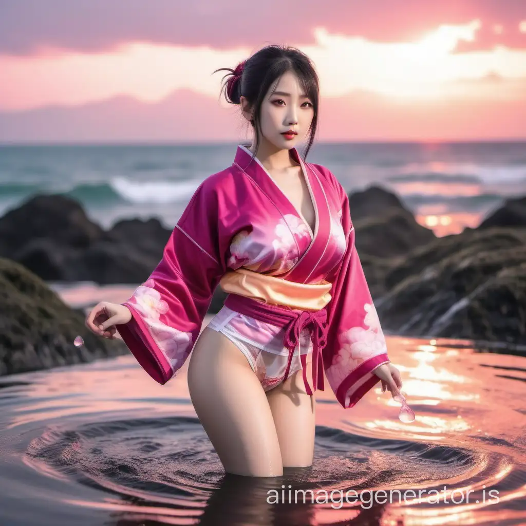 an Asian natural female perfect grammar, kawaii, muscular, bath hot spring ocean, magenta, sacred sunrise journey, glamorous feminine underclothes juban
