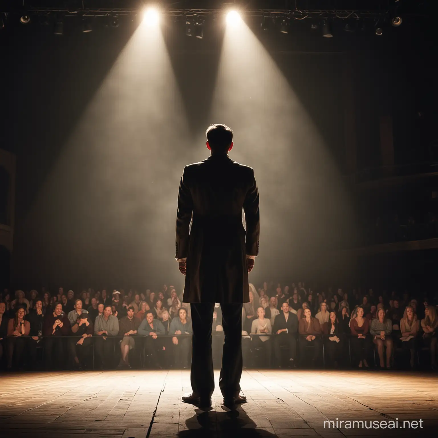 theatre actor standing on stage, spotlight on him, from the back looking out at the crowd