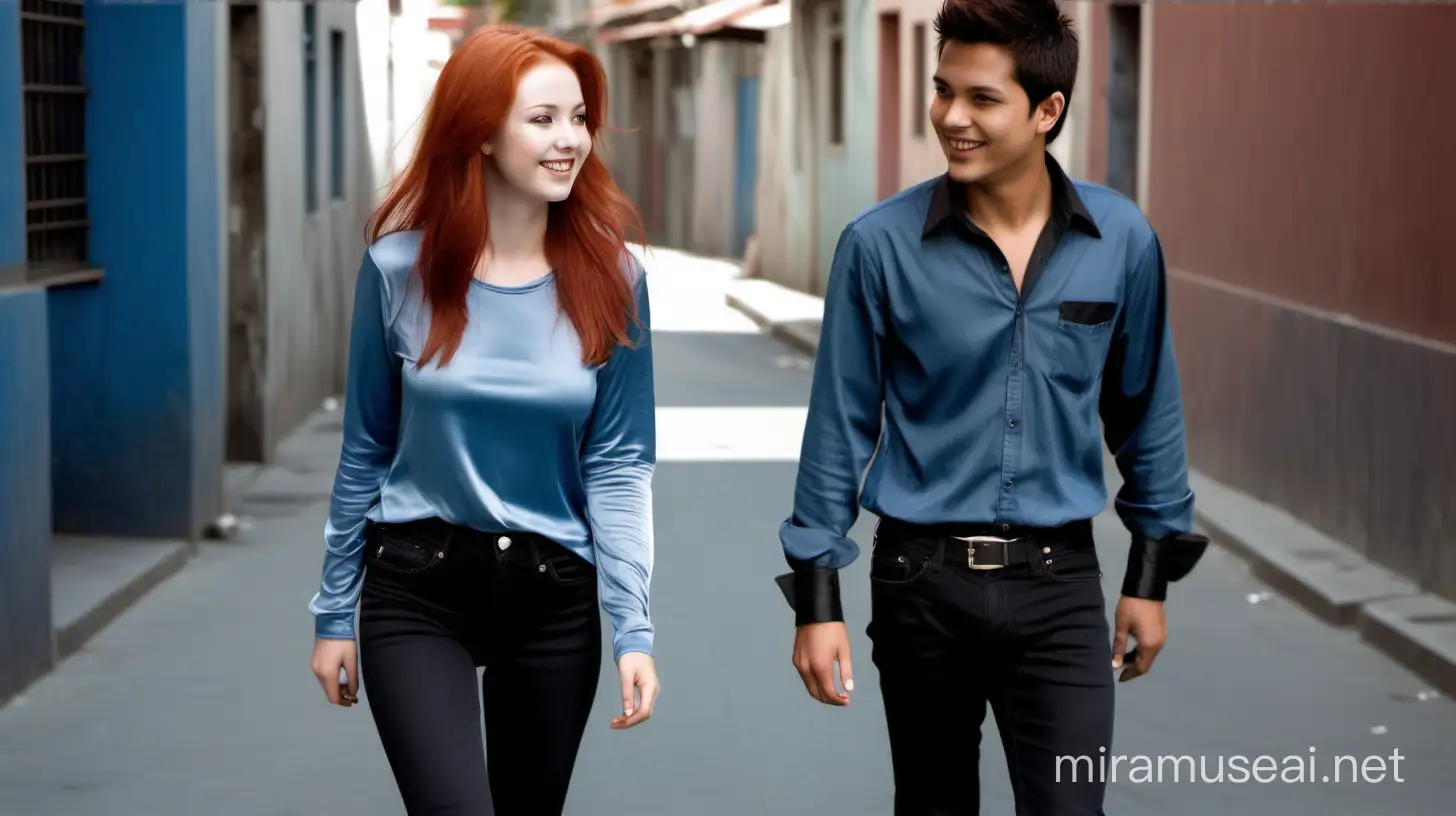 Dynamic frontal view, a couple watching each other in the street, The 25 year old girl with a young face and long, light red hair, looking lovingly with a radiant smile, wearing a top, silky satin smoky blue shirt with long sleeves and a very short black jeans and black high heels. The Andean man is an 25-year-old with a slightly round face, dark brown eyes, short styled hair, wearing a smoky blue t-shirt, jeans, and black sneakers, one knee on the ground.