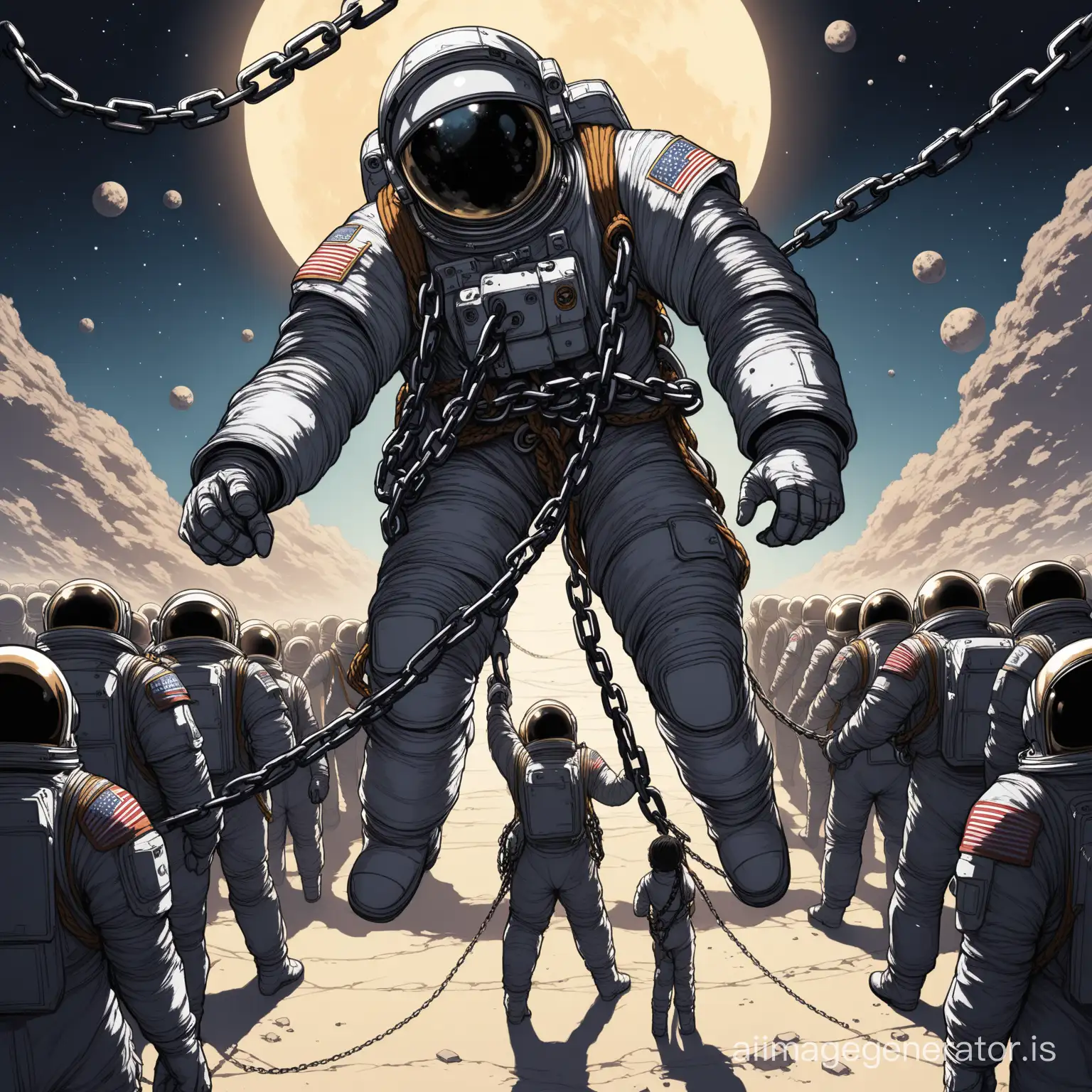 The evil tyrant astronaut pulls a huge chain of the astronaut slave, with slaves standing around in chains