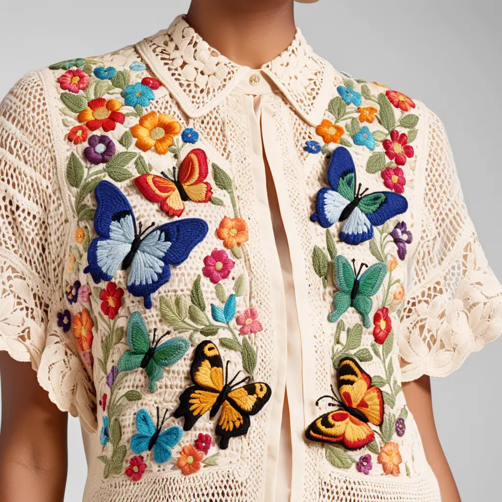 krem rengi tığişi el örgüsü bluz üzerinde renkli kelebek yaprak ve çiçek işlemelerinin olduğu bir bluz göster