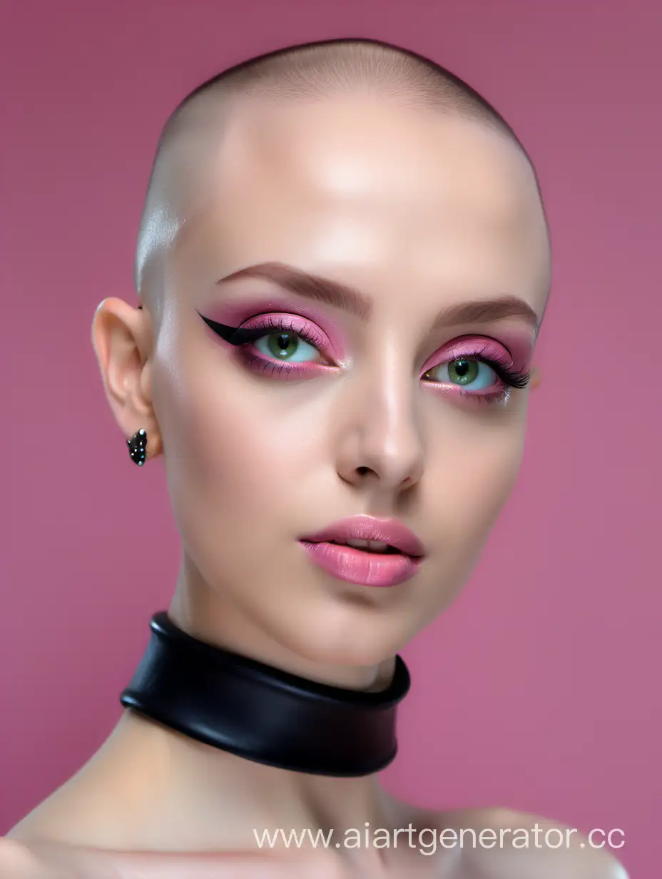 Woman portrait, full face photo, face close-up, close-up, beautiful face, black eye makeup, shaved head, no hair, green eyes, fair skin, matte light pink lips, choker on the neck, detailed background, professional, ultra quality, 4k , (masterpiece, best quality, 8k, ultra-high definition, high definition: 1.4), extremely detailed