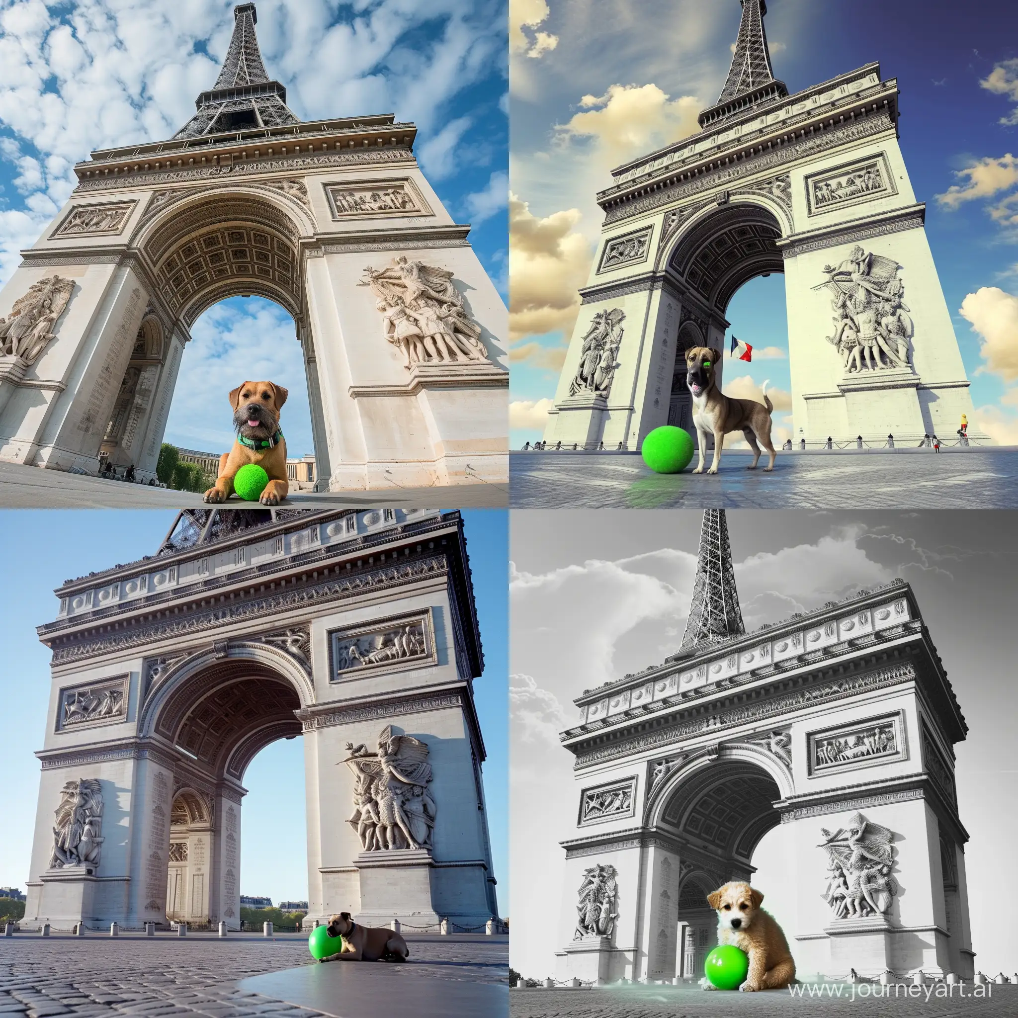 Eiffel-Tower-and-Arc-de-Triomphe-View-with-Spitz-Dog-Playing-Ball