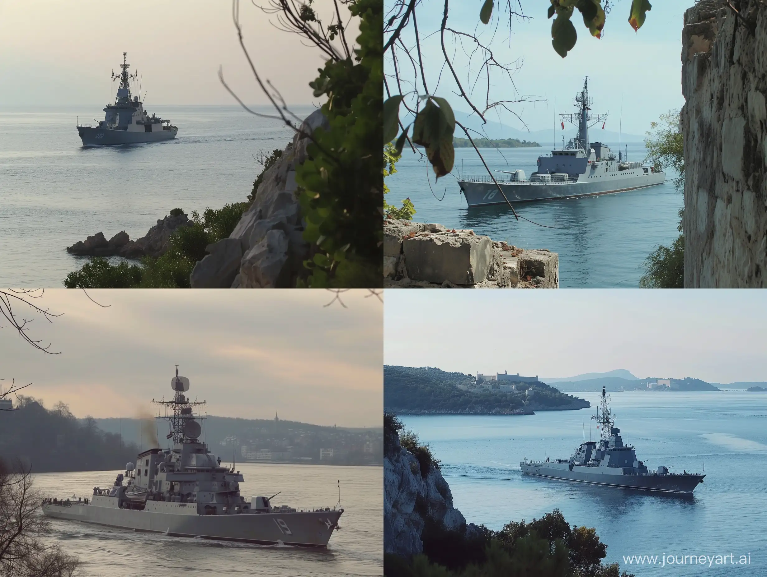 a slovenian navy frigate seen from distant in Ukrainian fort island 2008, raw footage