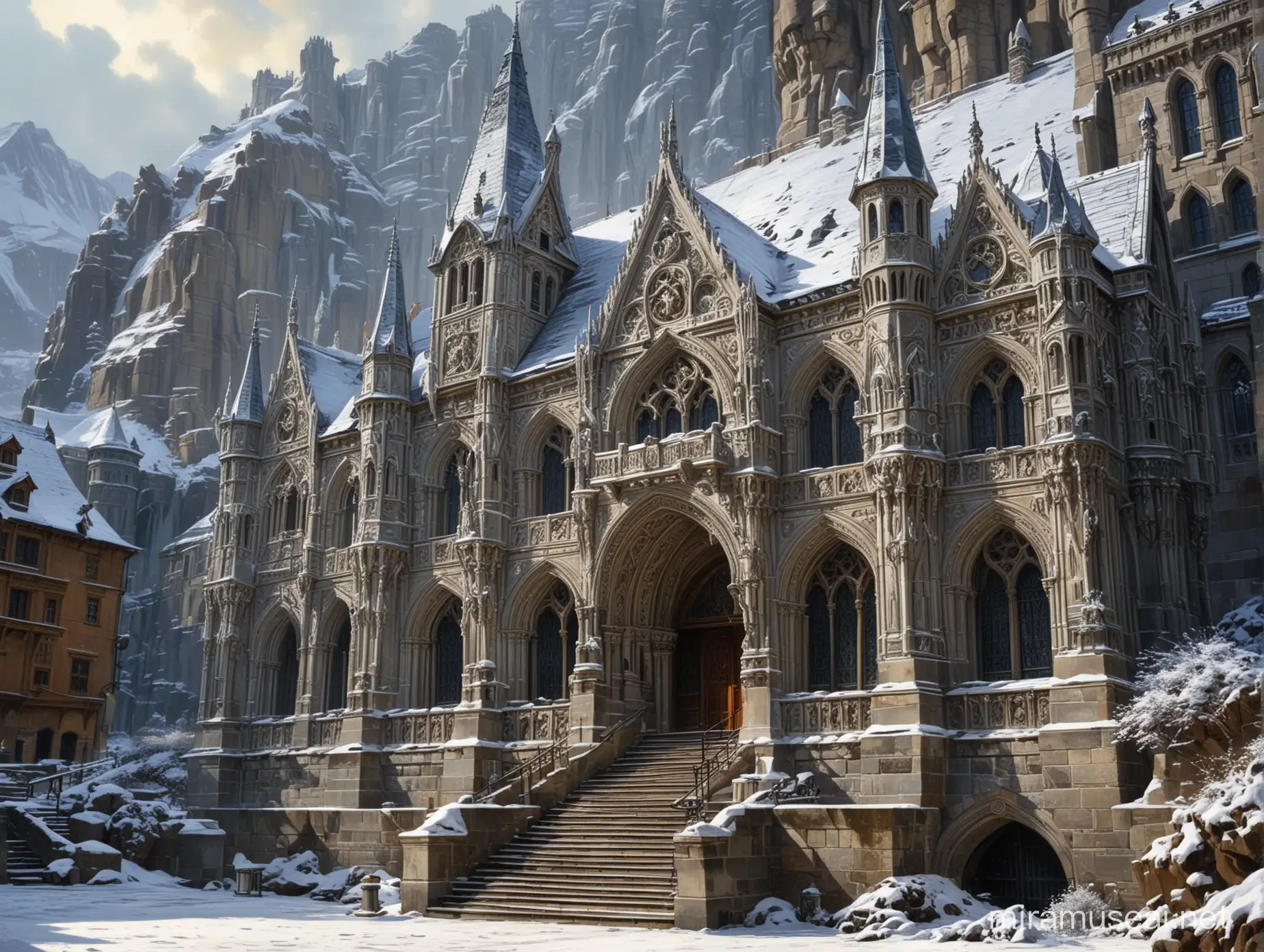 SnowCovered Gothic Merchant Guild Hall with Intricate Carvings