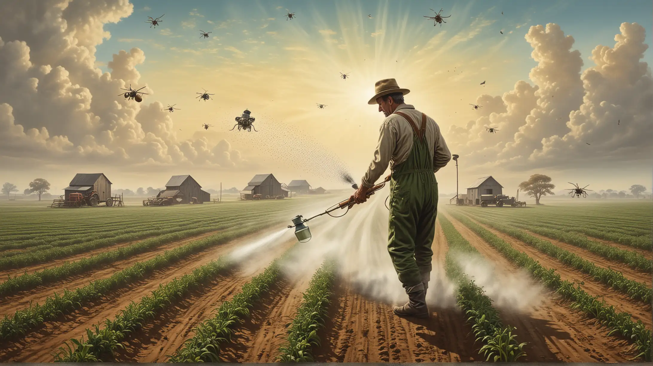 Surrealist Farmer Spraying Pesticides in Dreamlike Landscape