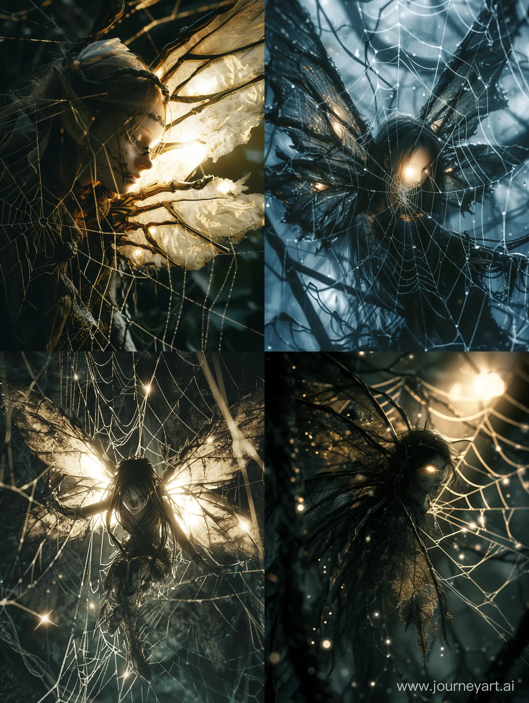 Wide angle of a dim luminous fairy woman caught in a spiderweb lol, front illumination only, tattered wings, fantasy illustration,2.5D, 16k resolution photorealistic, a masterpiece, breathtaking intricate details, reflective catchlights, high quality, macabre, dark aesthetic