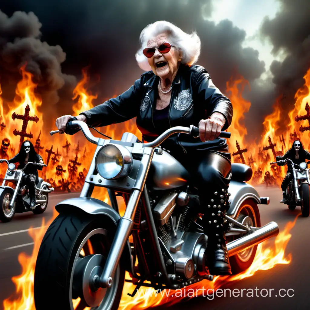 Бабушка на мотоцикле в аду в стиле хеви металл