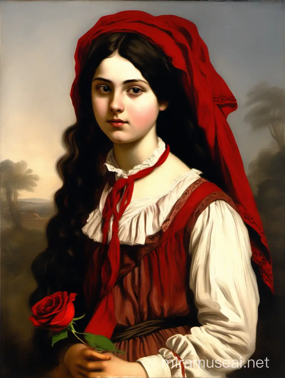 Design a painting of a teenage Corfiot girl in her mid 20s on traditional clothes (ca 1870s). She has dark hair and pale skin. Her clothes are red. She is wearing a scarf on her head and she is holding a rose on her right hand. The original designer is Charalampos Pachis. The used technique is oil on canvas.