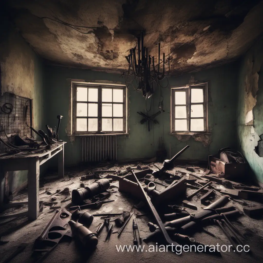 комната старого, разваливающийся дома, заржавевшее оружие на полу