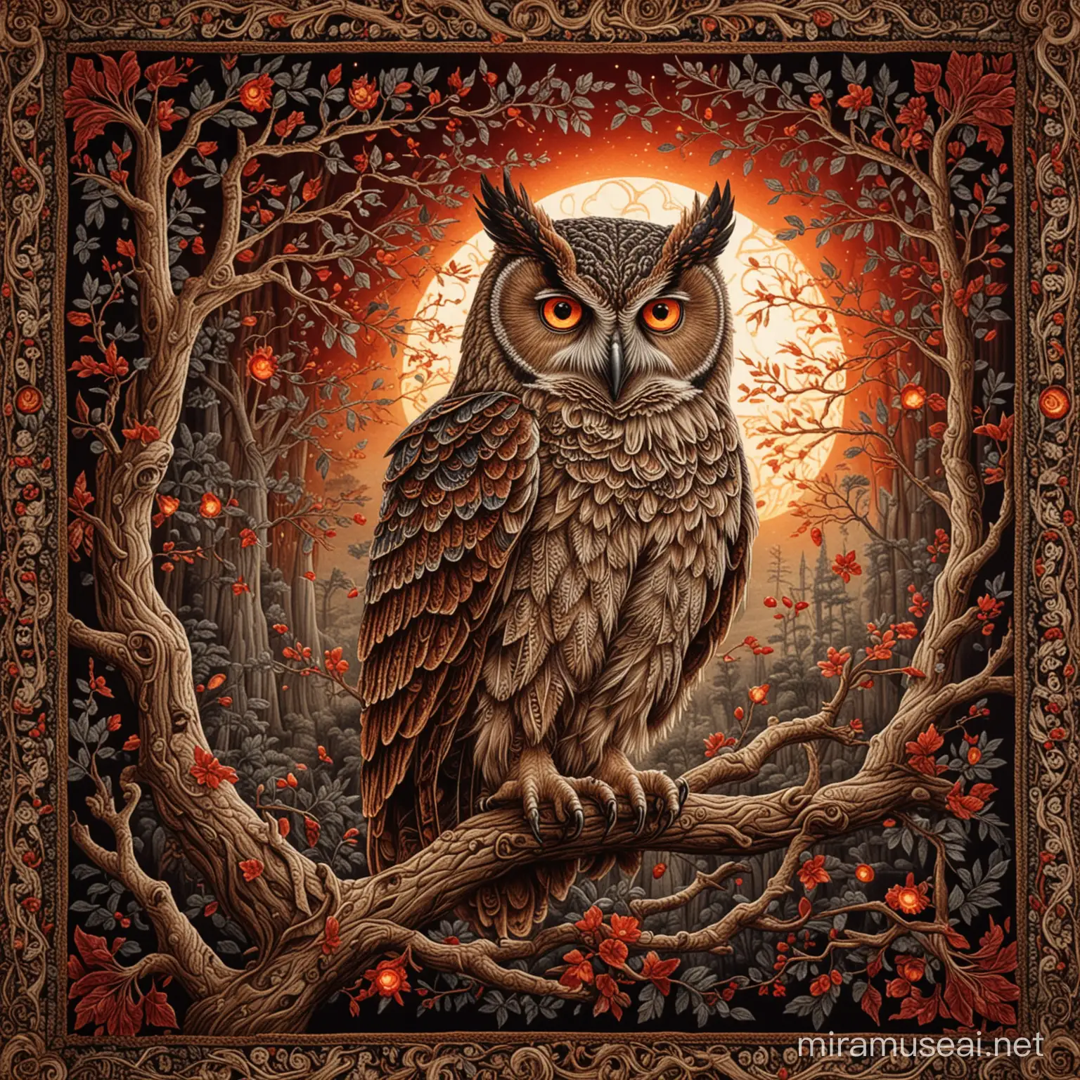 An intricate, ornate tapestry depicting a mystical owl on a branch with red glowing eyes. Diagonal composition. 