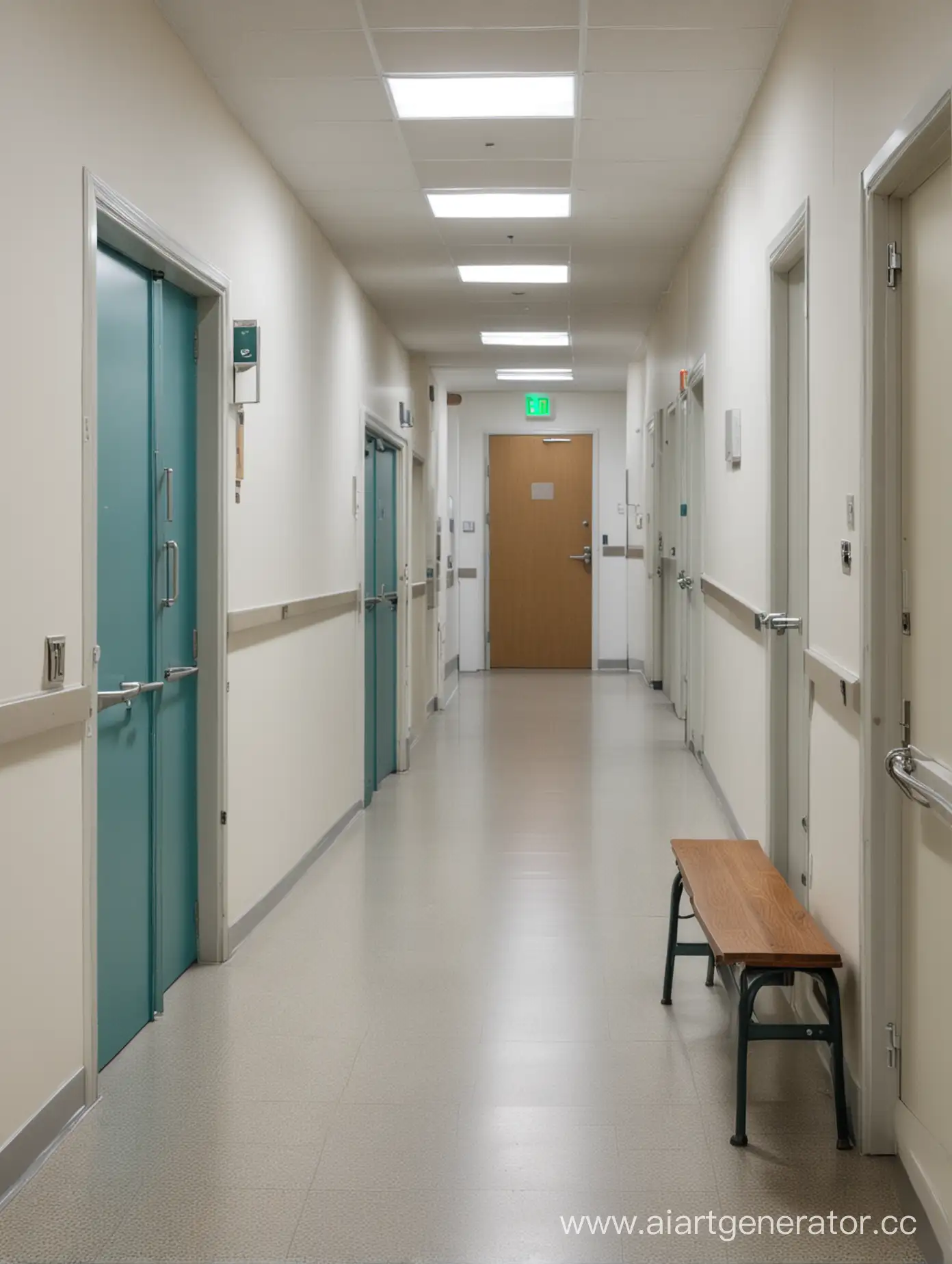 Hospital-Corridor-with-Doors-and-Bench-Healthcare-Facility-Interior