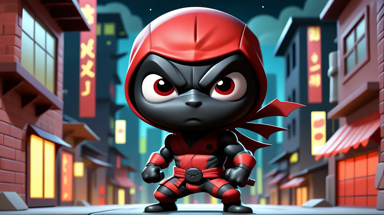 A cute little ninja in cartoon style stands in a typical cartoon setting for superheroes. Visually the ninja is similar to Deadpool. He is in a big town in the night