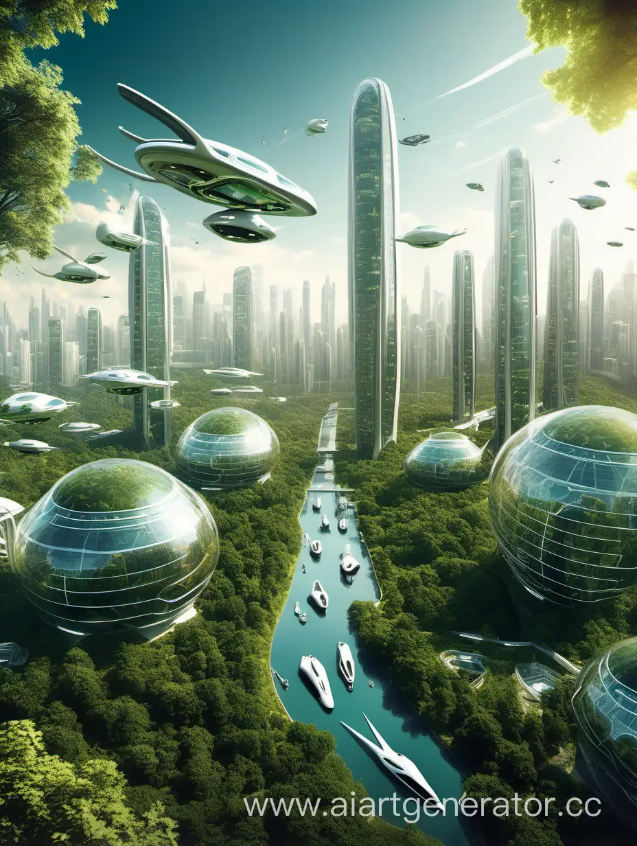 город будущего с высотными полностью стеклянными зданиями, летающим транспортом, и окруженный лесом