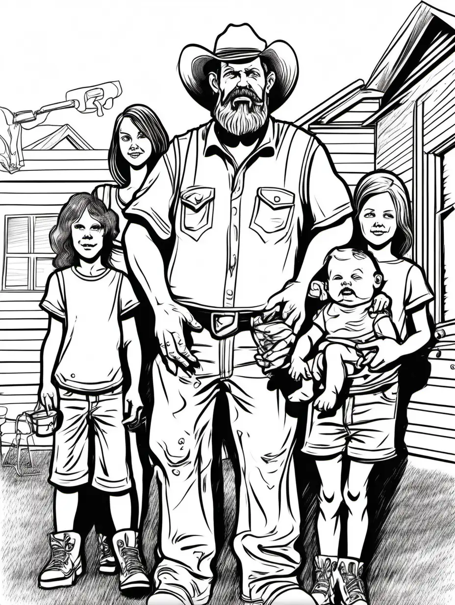 Rural Family Portrait Redneck Man and White Trash Family in Line Drawing