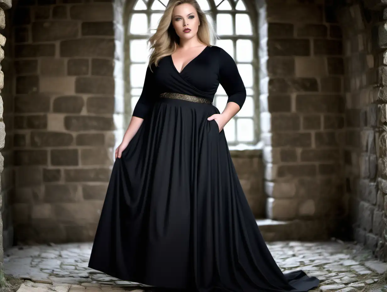 beautiful, sensual, classy elegant dark blond full bodied plus size model, closed back, fully covered back top black fabric is fully covering back from waist to neck, full covered back up to neck top, back top is fully covered from waist to neck, back view on separate image,  with 3/4 sleeves, dress is short and black with a very flared shorter length skirt, skirt ends at knees and is made from the same black fabric as top, dress is made from ITY fabric, fitted black bodice, long fitted sleeves, empire defined waistline with a waistband tonal to the dress, long hair is flowing, back view on separate image, luxury photoshoot inside a magical winter castle in France, winter decorations inside the rooms in the castle, antique background