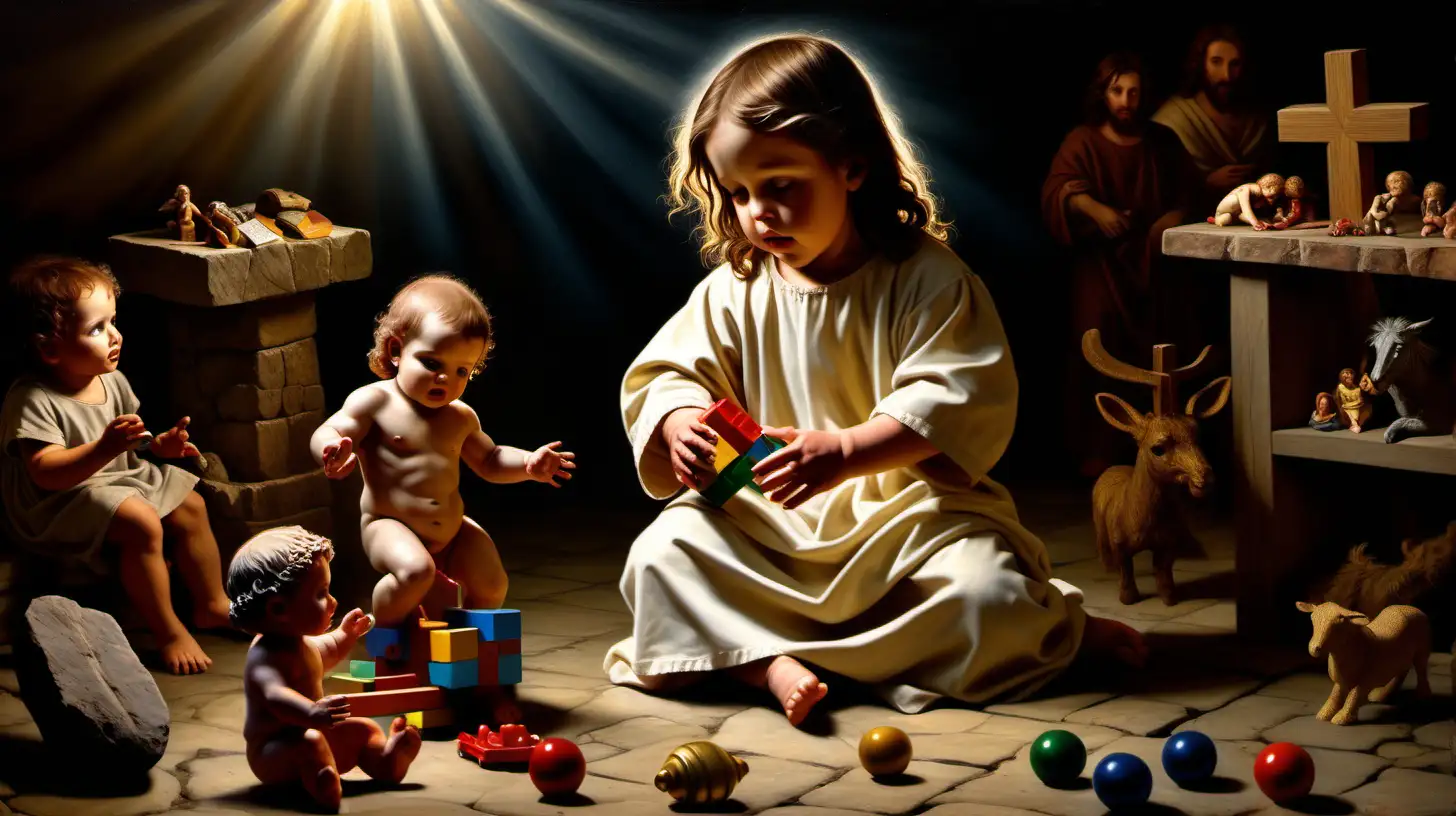 Jesus as a toddler during biblical times, playing with toys, extreme detailed oil painting, dramatic lighting.