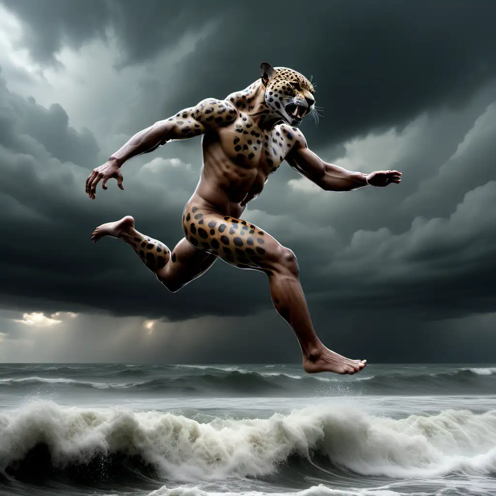 Dynamic Full Body Kick by Naked Jaguar Man Emerging from Raging Sea