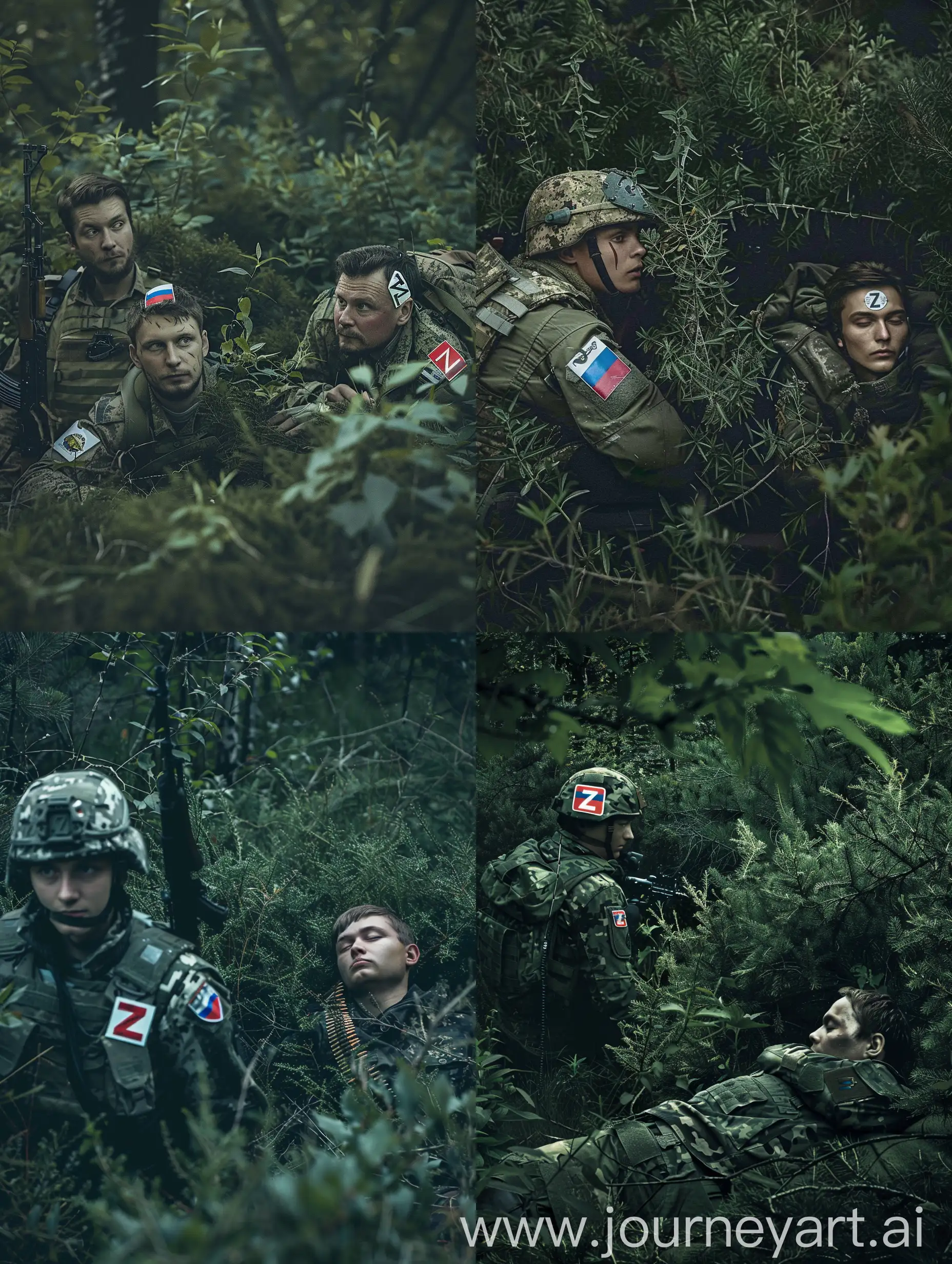 Постер к фильму о разведчике который лежит в кустах в лесу, слева от него снайпер полностью одетый в камуфляж из кустов, у них на плечах наклейки с русским флагом и буквой Z,
